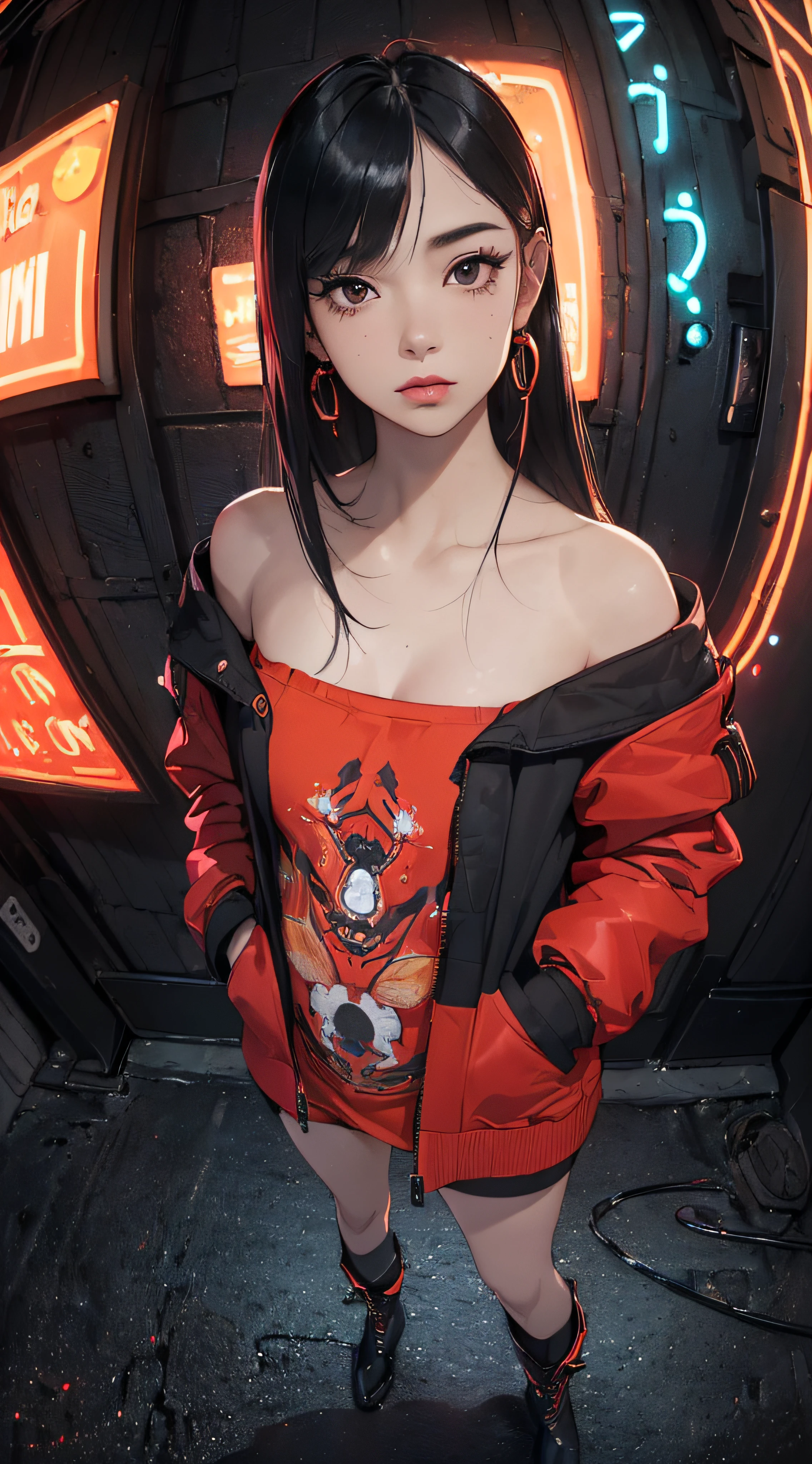 (((8k wallpaper of extremely detailed CG unit:1.2, masterpiece, hight resolution:1.2, top-quality:1.2, masutepiece))), ((a very beautiful woman, Hands in pockets:1.8, Street fashion:1.2, wearing a colorful jacket:1.2, Wearing boots)), ((extra detailed face, Highly detailed black eyes, extra detailed body, Top quality real texture skins)), (Red Straight Hair:1.2, de pele branca, Small, exposed shoulder), ((Empty alley, Mileland. natta, Neon Street)), (high-angle, a closeup, Fisheye:1.3), hyper realisitic, digitial painting,