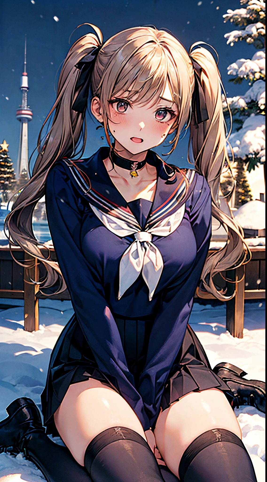((((perfect anatomy, super detailed skin)))), 1 girl, japanese, high school girl, shiny skin, large breasts:0.5, looking away, looking up, watching the view, from below,
beautiful hair, beautiful face, beautiful detailed eyes, (long hair:1.4, twintails:1.7), blond hair, brown eyes,
beautiful clavicle, beautiful body, beautiful chest, beautiful thigh, beautiful legs, babyface, mole under eye,
((((long sleeves)), all navy sailor suit, navy pleated skirt, navy sailor collar, red sailor scarf, thigh-highs, short boots), school bag), seductive thighs, thighhighs, ((animal collar)),
((ashamed, open your mouth wide)), walking, spread legs, sitting against the lamppost, holding vibrator, female masturbation, lifting skirt myself,
(beautiful scenery), winter, midnight, hokkaido, sapporo, odori park, , christmas, christmas tree, illumination, tv tower, snow, snowfall:1.5, freezing weather, frost,
(8k, top-quality, masterpiece:1.2, extremely detailed), (photorealistic), beautiful illustration, cinematic lighting,