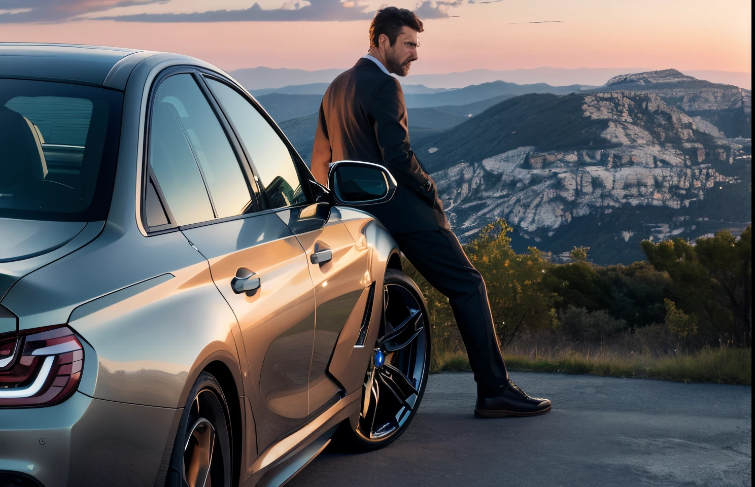 A man standing with a BMW car change to image size 9.16 ultra 8k image hyper realistic image