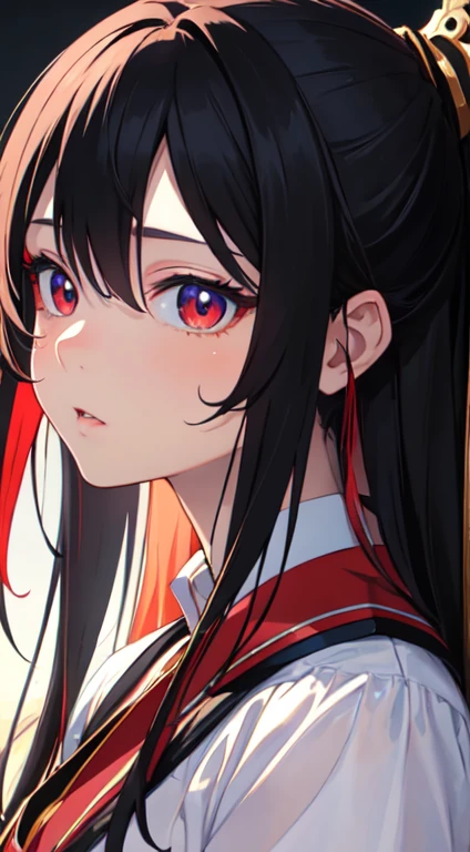 ((best quality)), ((masterpiece)), (best illumination, hyper detailed, detailed background), 1girl, solo, sharp face, cute expression, carismatic girl, dynamic angle, hair between the eyes, long hair, black hair with red highlights, red shining eyes, intense colors eyes, red eyes, red eyeline, beautiful detailed eyes, detailed beautiful face, beautiful detailed clothes, anime art wallpaper 4 k, anime style 4 k, detailed digital anime art, beautiful anime portrait, detailed anime portrait, cute anime portrait, face anime portrait, close anime portrait,