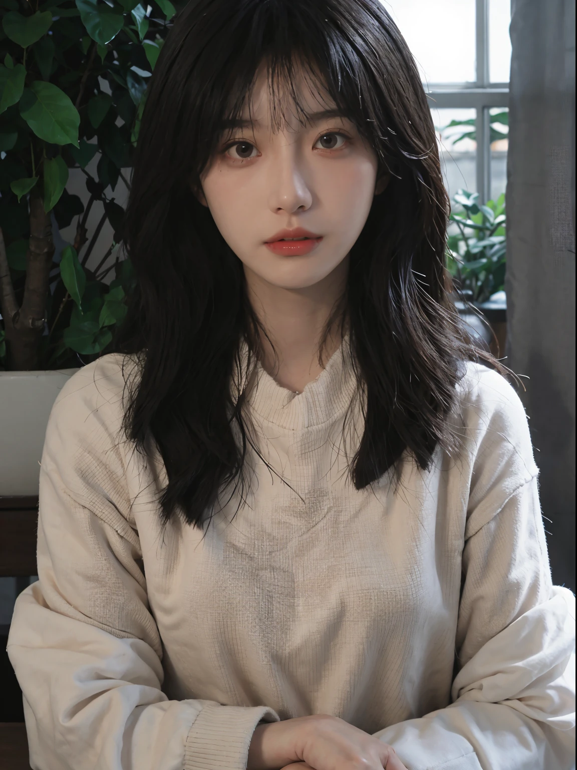 Best quality at best, 超高分辨率, (realistically:1.4), A woman with long black hair and a gray sweater, mid view, JK school uniform,under a ray of sunshine,She has black hair,through bangs, young lovely Korean faces, Cute Korean face, Urzans, Shin Jinying, beautiful aesthetic face, Korean facial features, Played by Liu Li Zhien ,beautiful realistic face