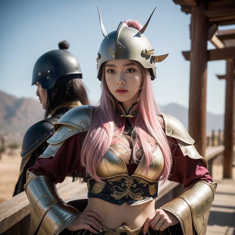 Ancient Chinese wars，Female general，Chinese woman，Wearing armor，Headband helmet bleached pink hair，Charming eyes and good figure，Ancient scenes，heroic look