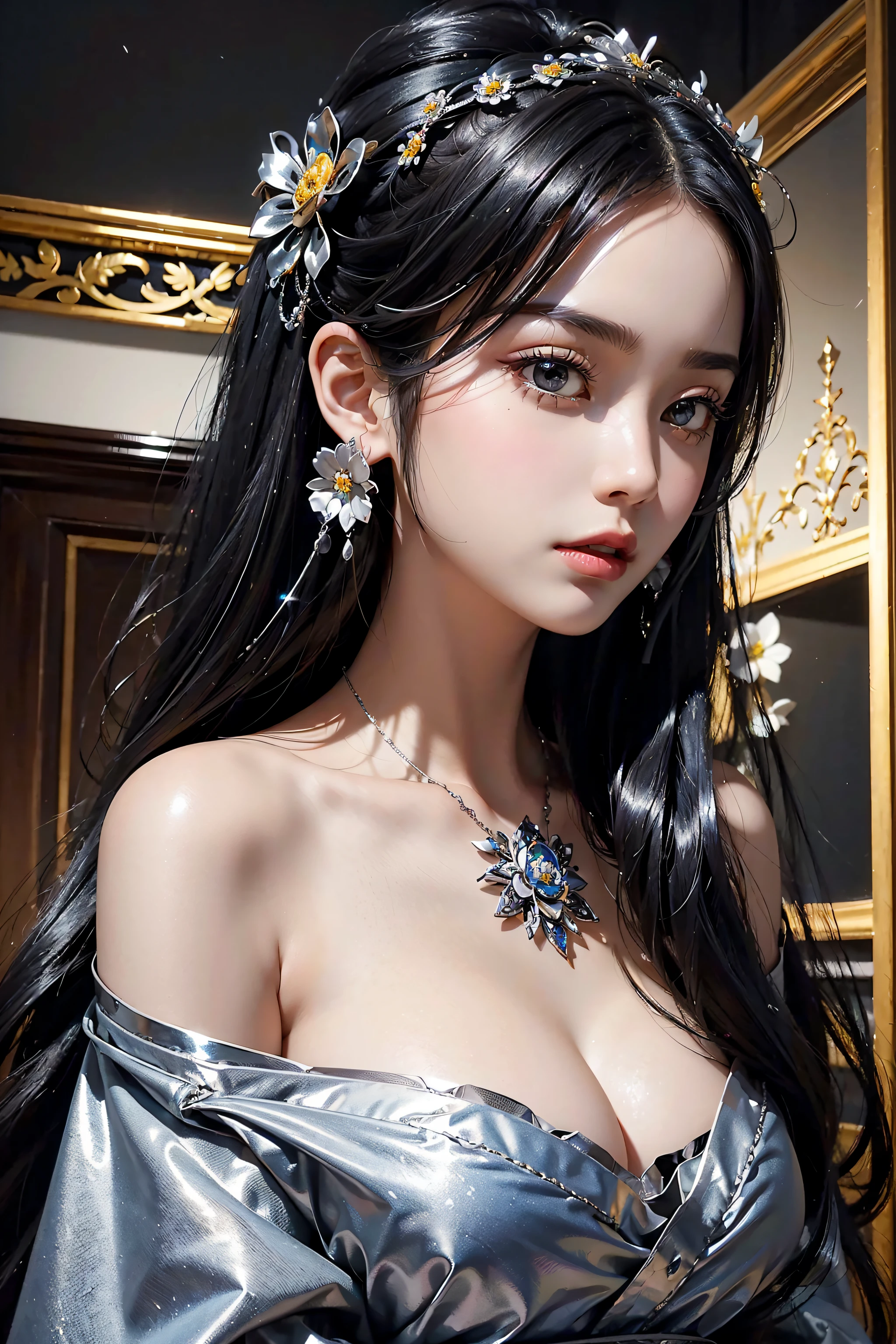 Masterpiece、best composition、Photorealsitic、A hyper-realistic、Metal Flowers、Big hair ornament、Large brooch、A beautiful girl with long black hair wears a large flower-shaped hair ornament made of shiny metal like stainless steel.、Close-up photo of hair ornaments、A large hair ornament with a silver sheen