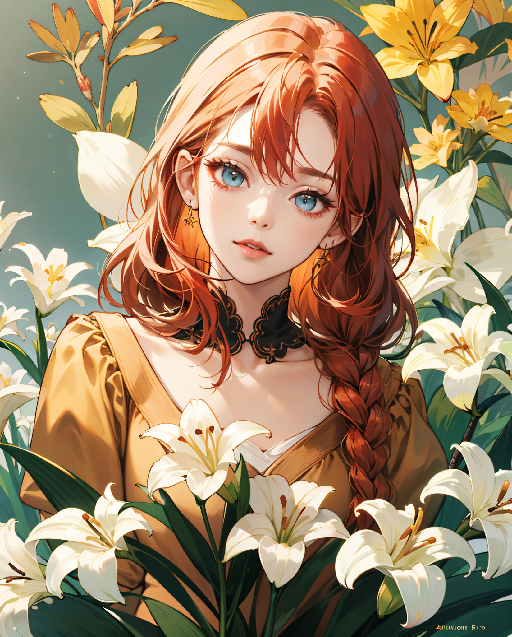 Redhead girl light eyes flower background name Lily letters large golden color hair with braid