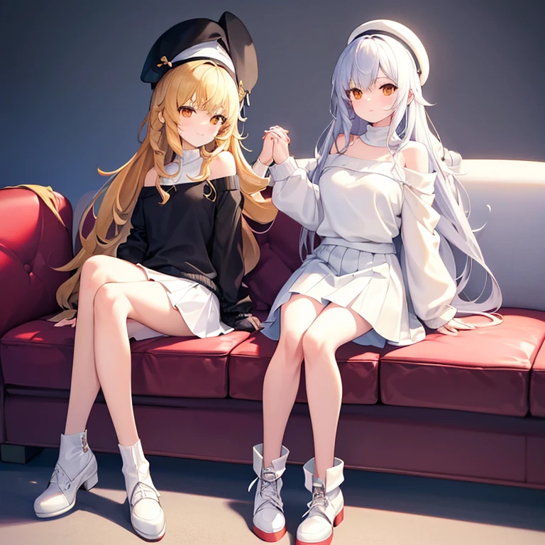 Frontal photography of full body sitting on the sofa holding hands on legs,Long-legged girl with light apricot long curly hair,Loose white one-shoulder long-sleeved sweater,White short skirt, double-layered puffy skirt, white furry hat on the head, white high-heeled leather shoes