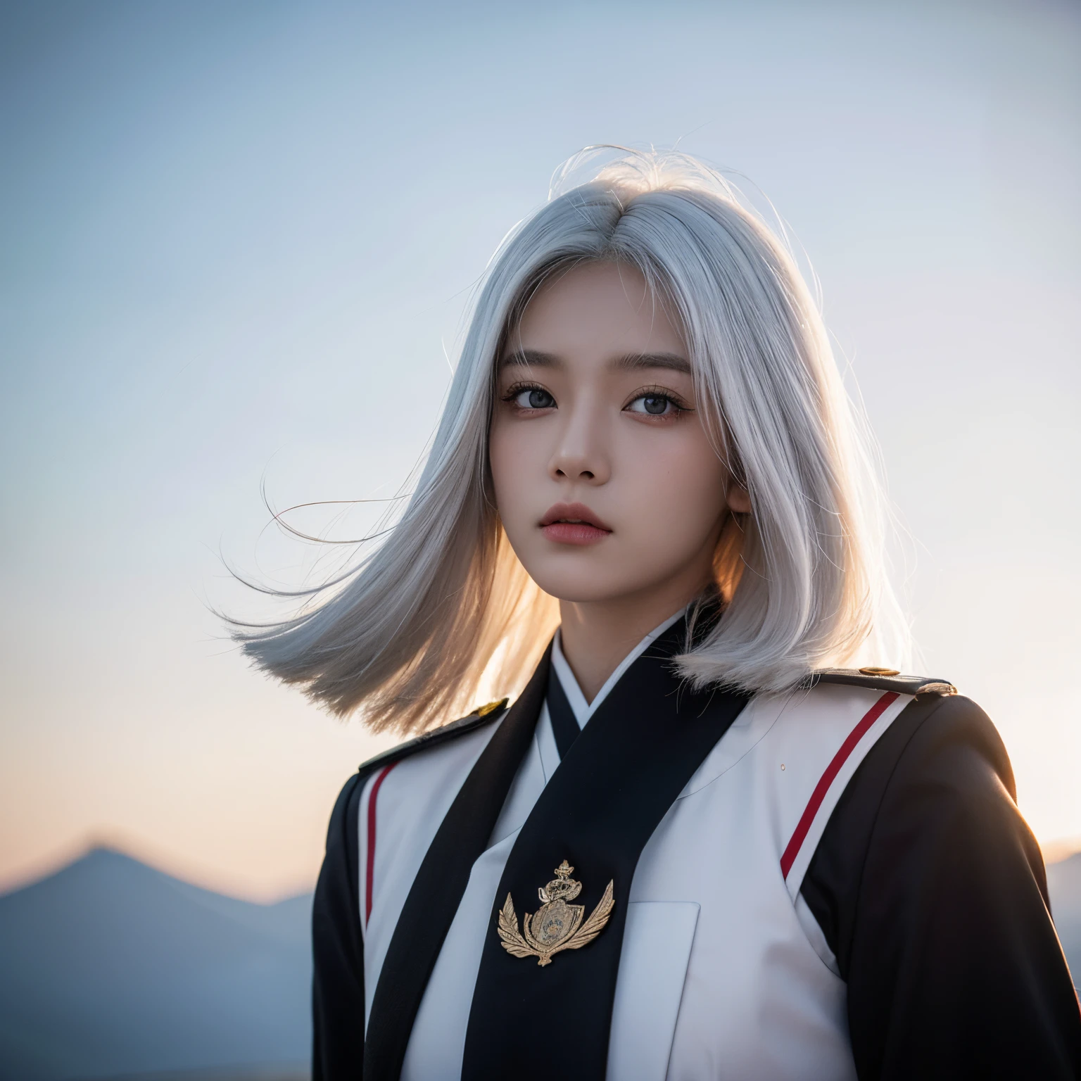 Two-dimensional woman,twelve years old,White hair, red eyes,Officer uniform,Japanese wind