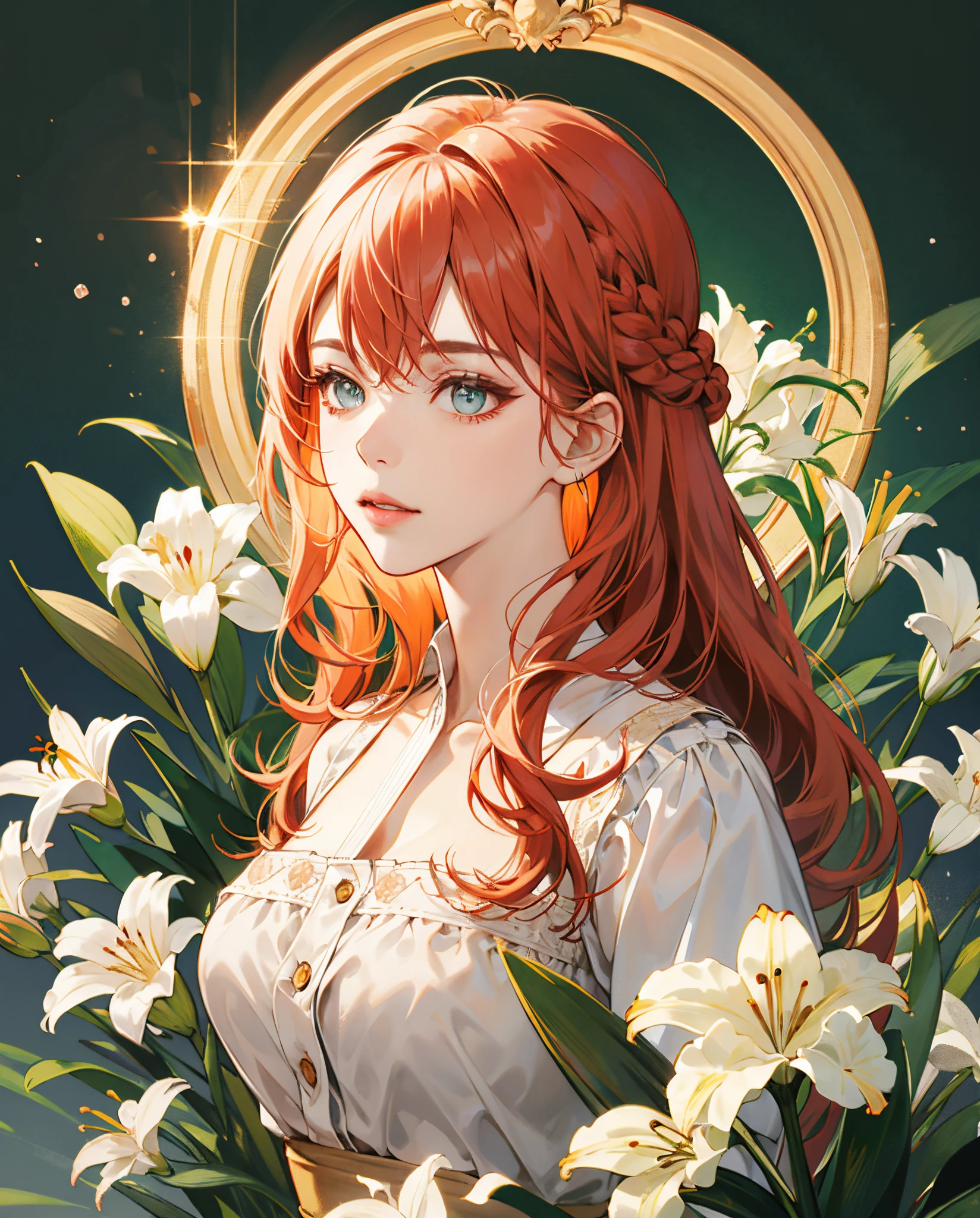 Redhead girl light eyes flower background name Lily letters large golden color hair with braid