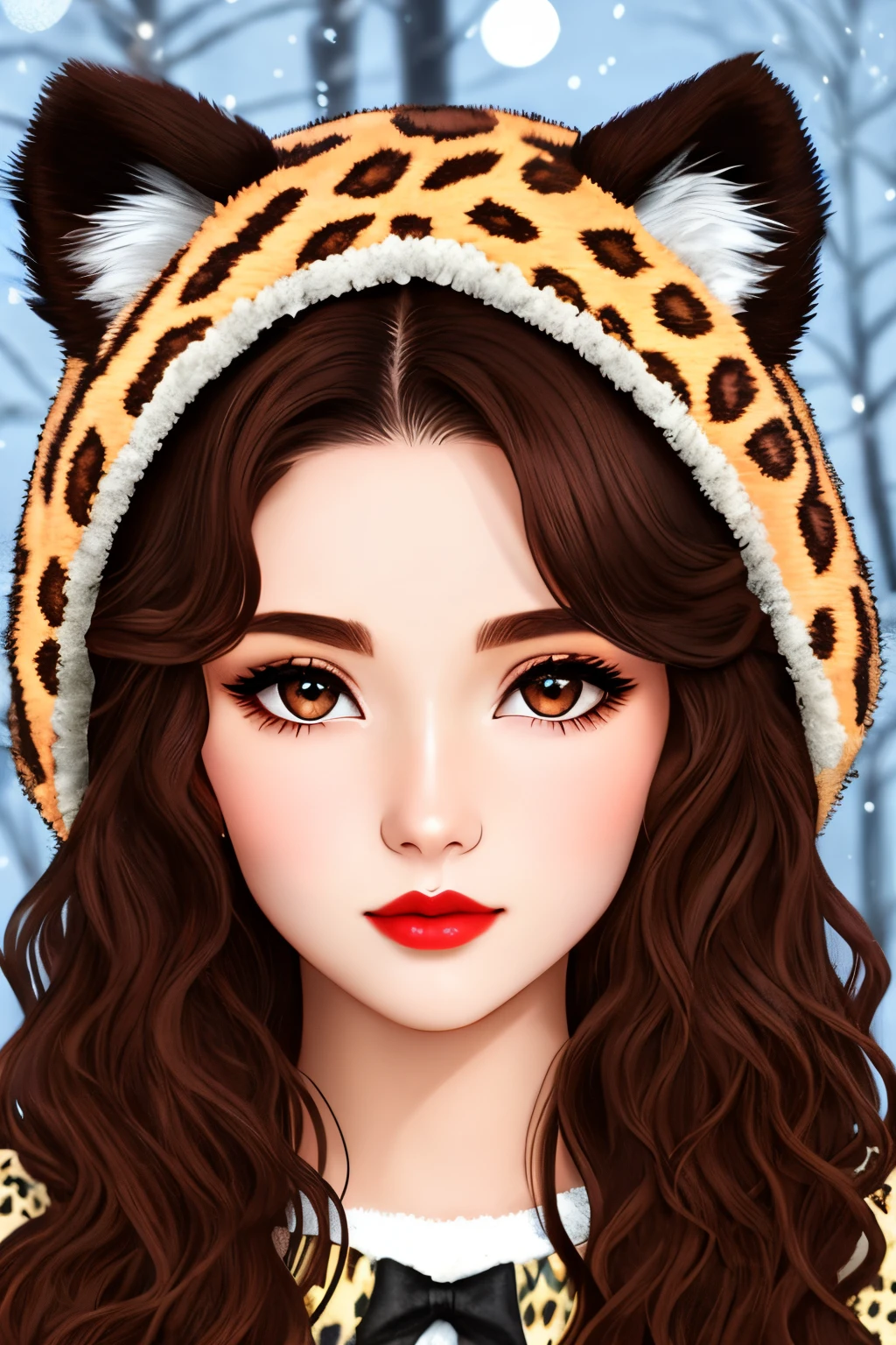 deep brown doe eyes, long brown curly hair, pale skin, large nose, plump red lips, snow leopard ears