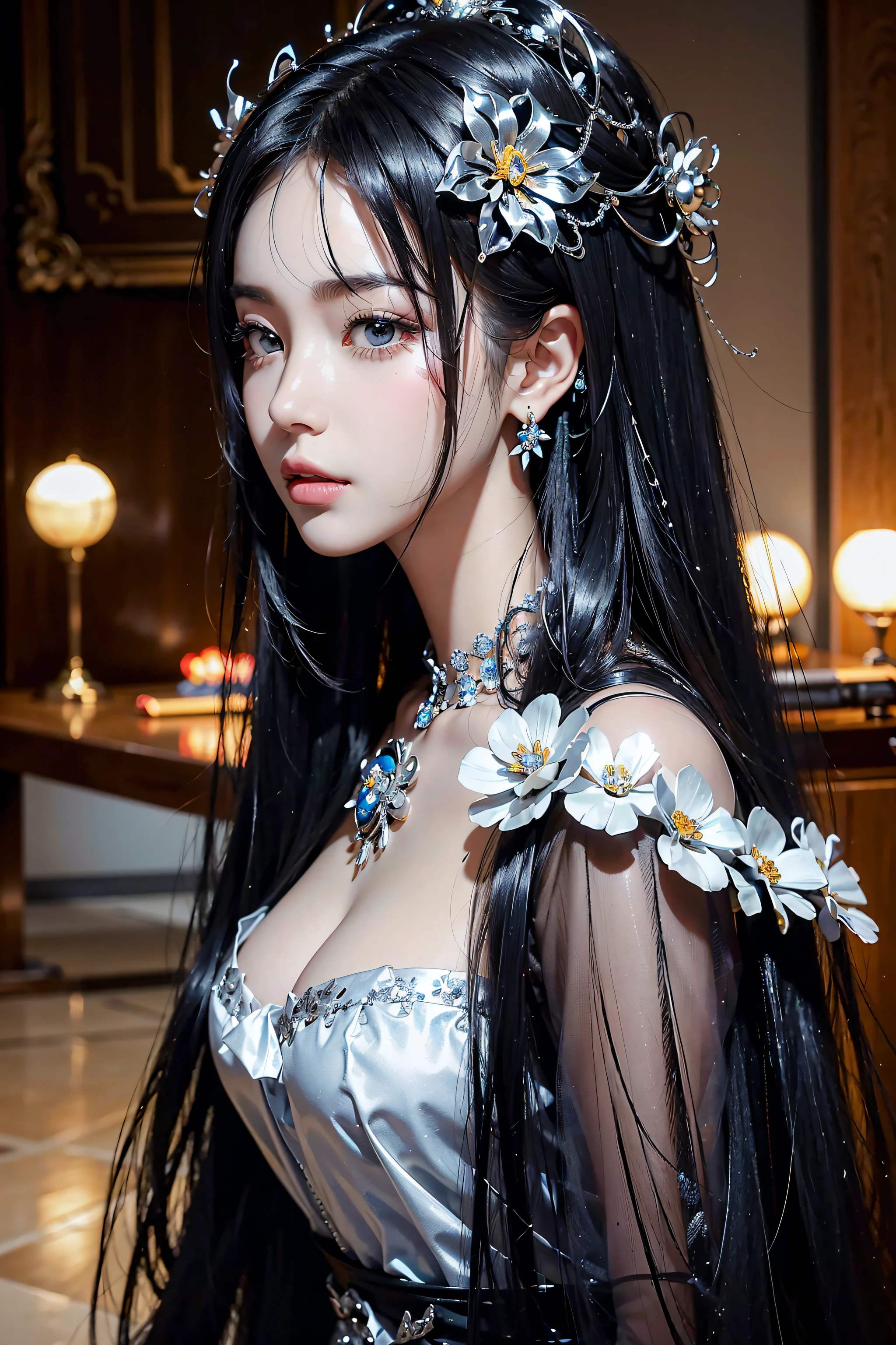 Masterpiece、best composition、Photorealsitic、A hyper-realistic、Metal Flowers、Big hair ornament、Large brooch、A beautiful girl with long black hair wears a large flower-shaped hair ornament made of shiny metal like stainless steel.、Close-up photo of hair ornaments、A large hair ornament with a silver sheen