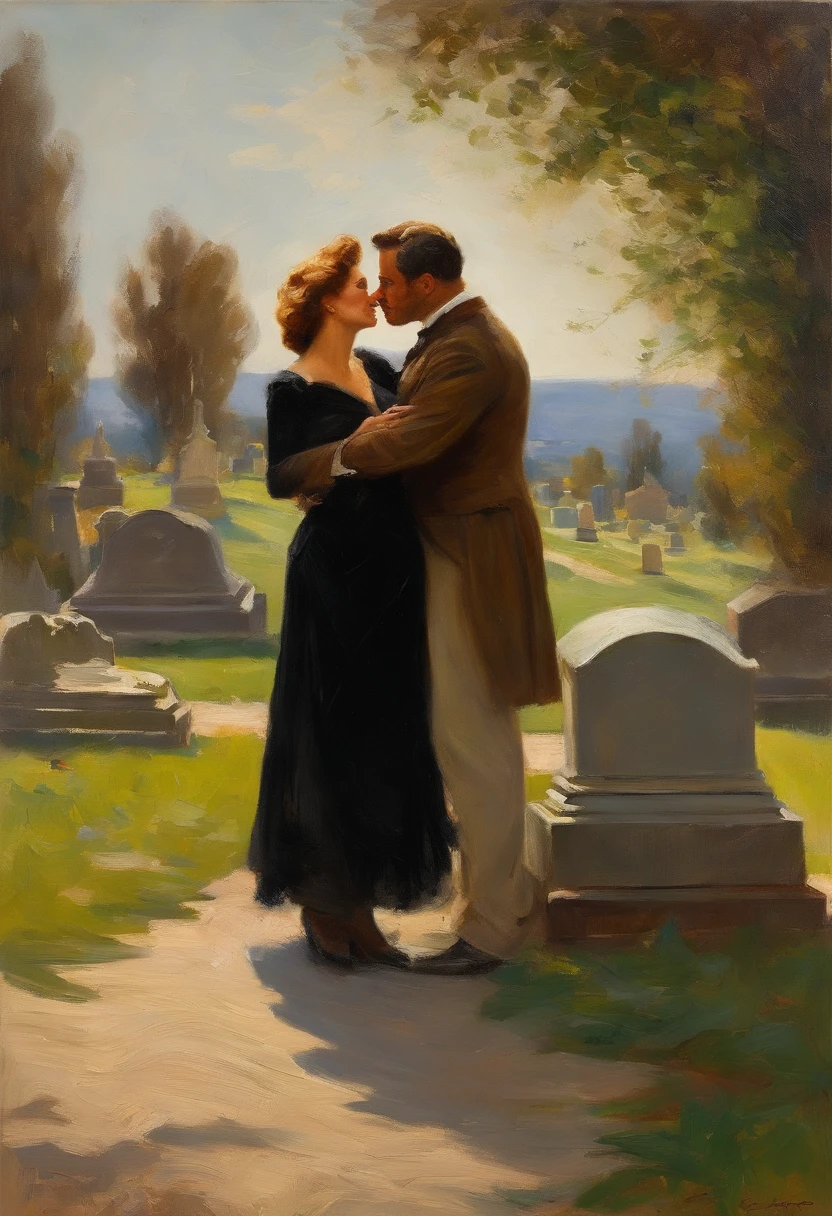 Sophia Loren as A buxom, 60 years old widow wearing a black dress and a young handsome coach man wearing breeches hugging and making out at a grave in a cemetery , painting by Adolphe Menzel