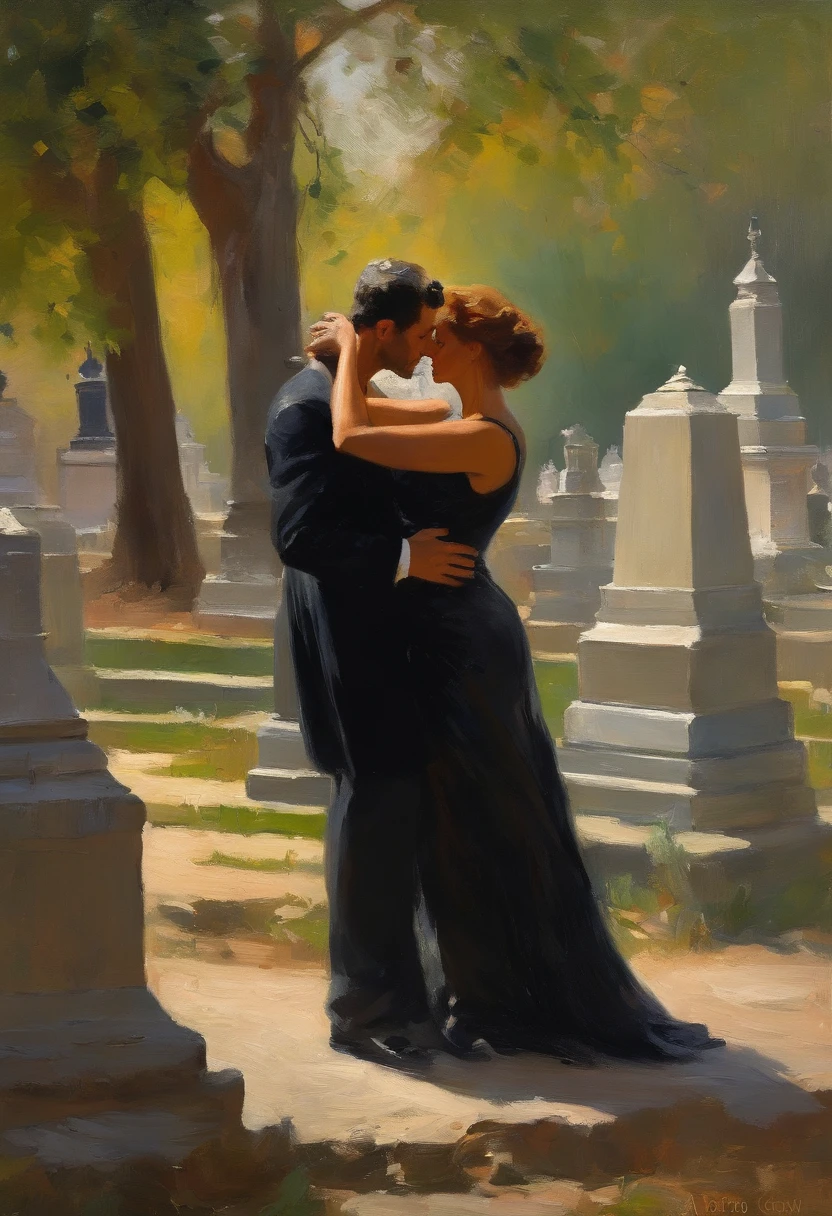 Sophia Loren as A buxom, 60 years old widow wearing a black dress and a young handsome coach man wearing breeches hugging and making out at a grave in a cemetery , painting by Adolphe Menzel