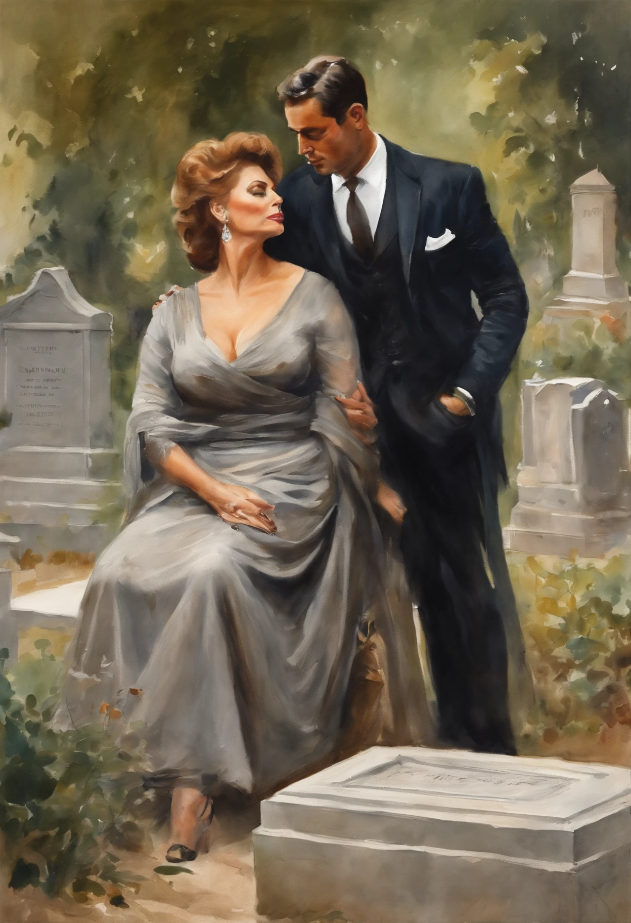 Sophia Loren as A buxom, 60 years old widow wearing a black dress and a young handsome coach man wearing breeches hugging and making out at a grave in a cemetery , painting by Adolphe Menzel