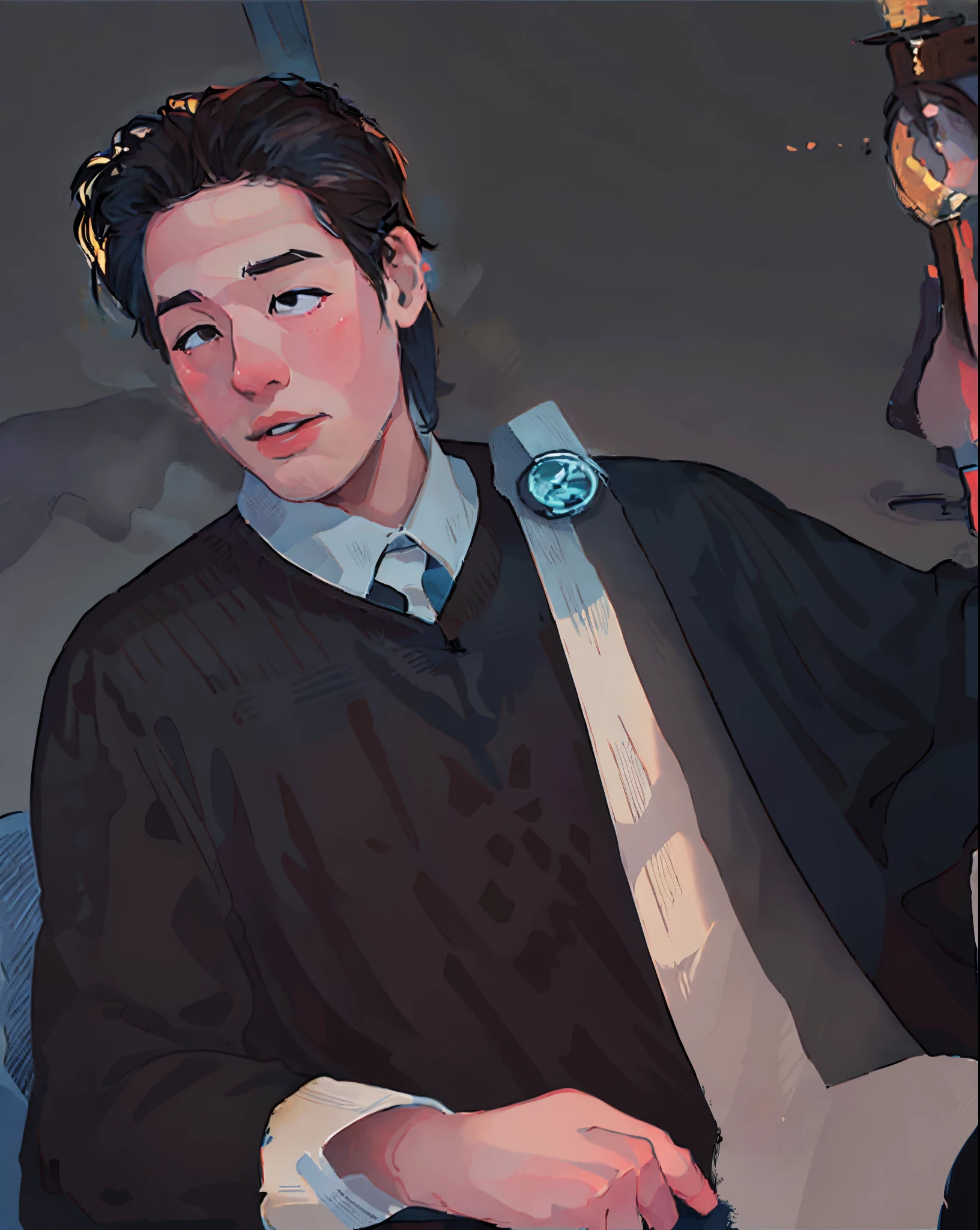 (masterpiece:1.2),illustration,lineart,texture,a man black brown hair in black graduation gown with white and blue stripes ,warm color palette,soft lighting,detailed pencil strokes,delicate outlines,distinct shadows,subtle shading,impeccable attention to detail,highly realistic,artistic touches,vibrant and lifelike rendering,professional-level skill,colorful and textured background,warm and inviting atmosphere,peaceful and relaxed expression,sophisticated and elegant aesthetics.