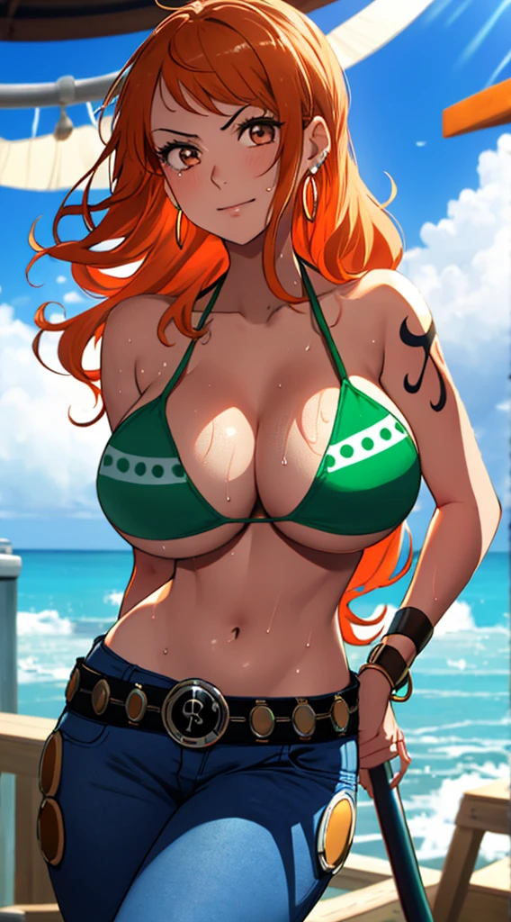 nami \(one piece\), 1girl, bangle, bangs, bare shoulders, belt, bikini, bikini top only, bracelet, breasts, brown eyes, bubble, cleavage, denim, earrings, floating hair, green belt, green bikini, groin, jeans, jewelry, (large breasts:1.9), (big breast:1.3), long hair, looking at own body, navel, orange hair, pants, shoulder tattoo, sidelocks, sky, smile, solo, stomach, swimsuit, tattoo, angry, (hand on hips:1.4), (sweaty:1,2), shy, flusttered, (((masterpiece)))