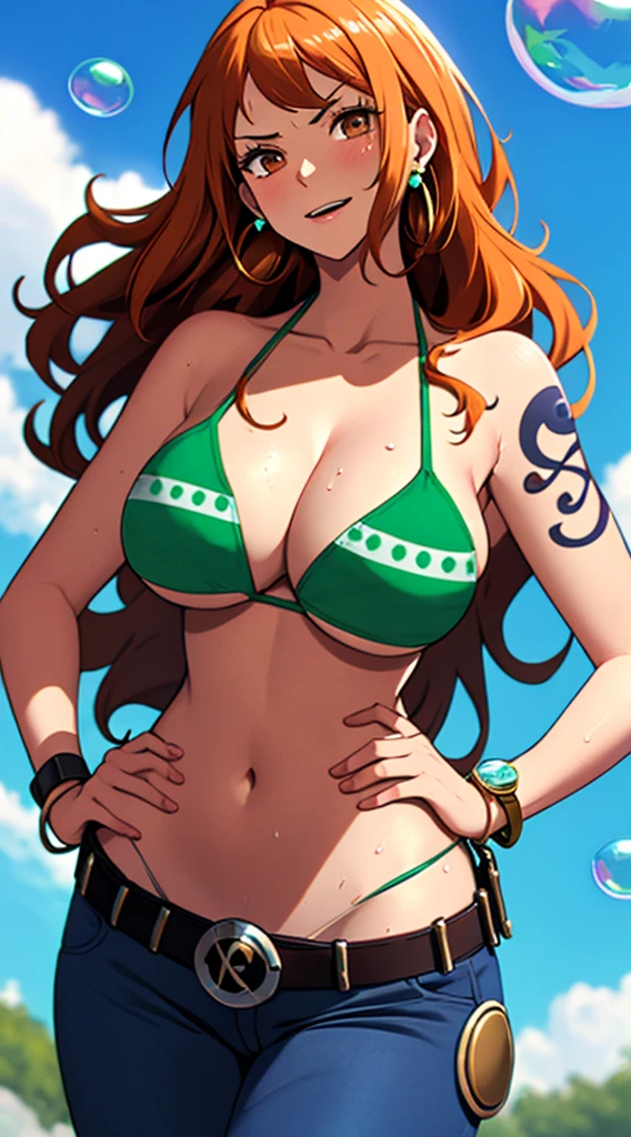 nami \(one piece\), 1girl, bangle, bangs, bare shoulders, belt, bikini, bikini top only, bracelet, breasts, brown eyes, bubble, cleavage, denim, earrings, floating hair, green belt, green bikini, groin, jeans, jewelry, (large breasts:1.9), (big breast:1.3), long hair, looking at own body, navel, orange hair, pants, shoulder tattoo, sidelocks, sky, smile, solo, stomach, swimsuit, tattoo, angry, (hand on hips:1.4), (sweaty:1,2), shy, flusttered, (((masterpiece)))