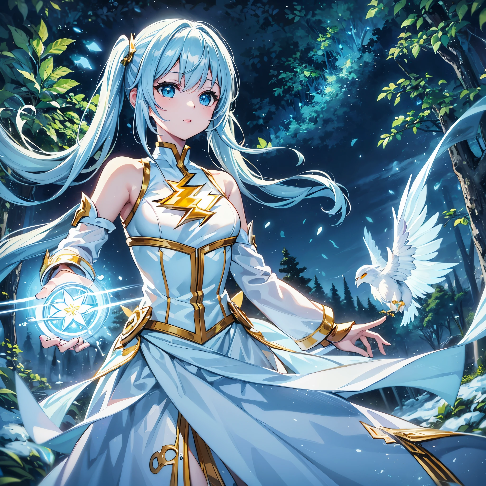 ((ultra-detailliert)), ((Best Illustration)), ((Movie Lighting)), Dynamic Angle, floating, Fine, (The Flash: 1.2), (shine: 1.2), (shine: 1.2), "(Best Quality), Super detailed depiction of a beautiful girl, White and yellow costume、Light blue long hair、Hairstyle is Twintails、 In the colorful forest、Surrounded by snow-white owls and vivid vegetation.", Cinematic, Refreshing, essence, Rim Lights, Scattering