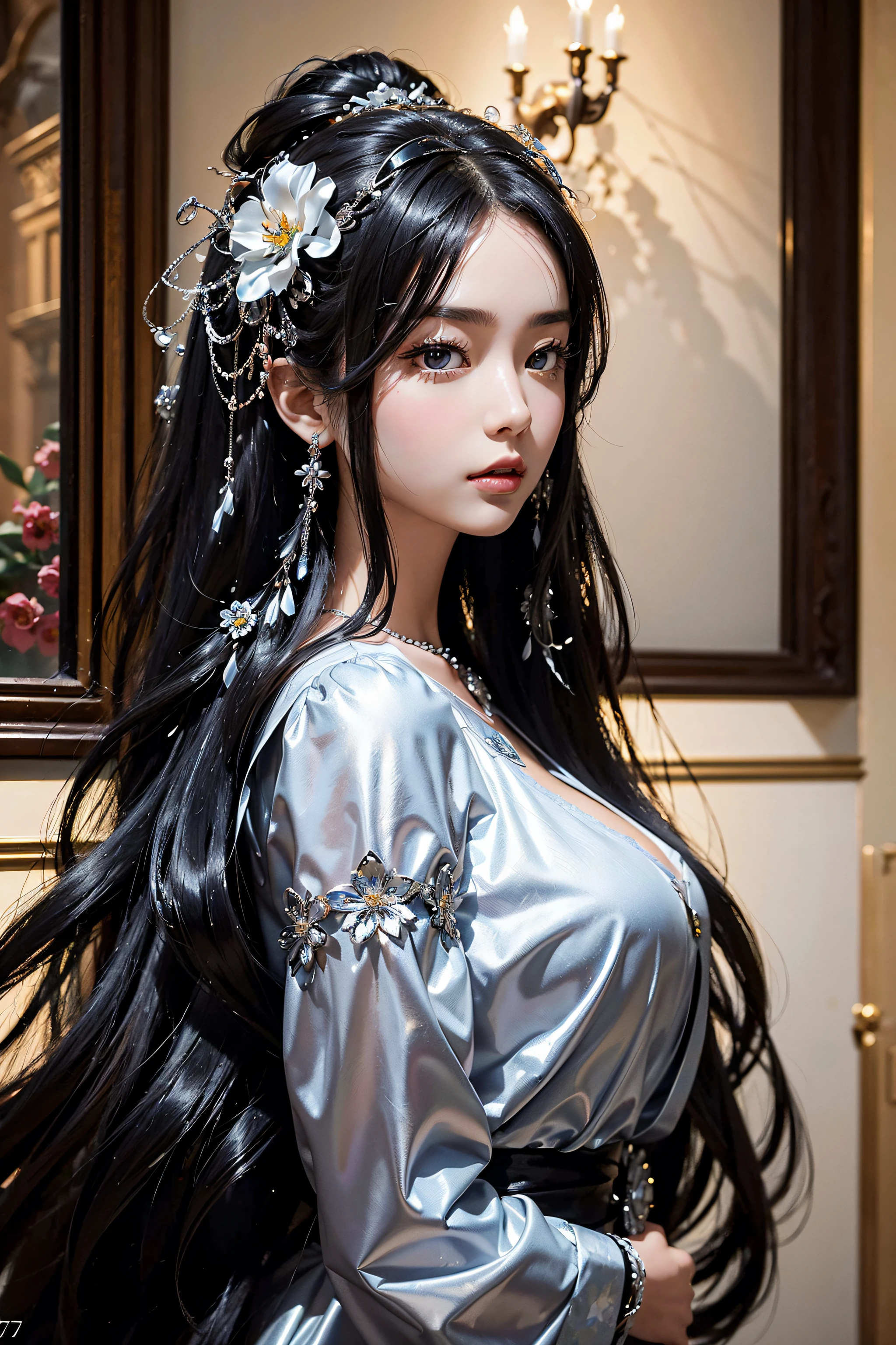 Masterpiece、best composition、Photorealsitic、A hyper-realistic、Metal Flowers、Big hair ornament、Large brooch、A beautiful girl with long black hair wears a large flower-shaped hair ornament made of shiny metal like stainless steel.、Close-up photo of hair ornaments、A large hair ornament with a silver sheen