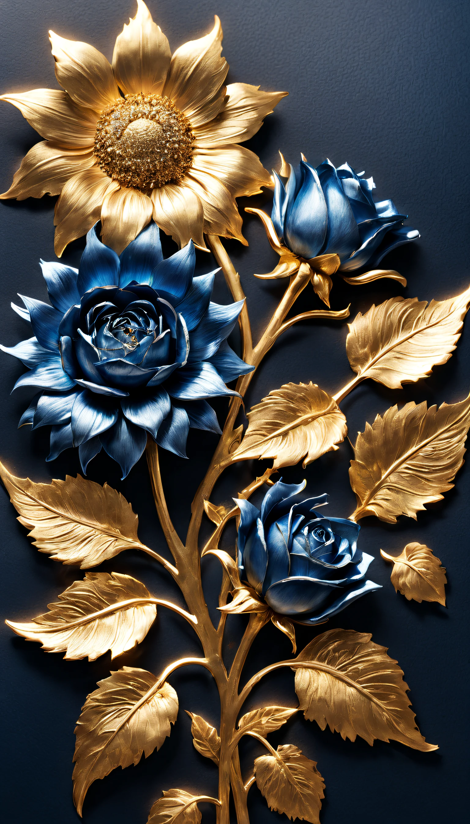 (Blue enchantress rose flower made of precious metal）, Each metallic blue enchantress flower has cascading petals， Blue spray gold sand，gilded，Rich metallic texture，they are dark blue，Like the night sky and the deep sea，Has an attractive metallic luster，leaves made of platinum，（petals trimmed with gold：0.6），The edges of the petals are brushed metal, (Gold-plated embossing: 1.37), golden sunflower flower, golden rose, flowers and gold, Gorgeous flowers,intricate flowers, Messy golden leaf flowers, 16k,baroque element, Capturing light and shadow，Give people a kind of tenacious growth、Unyielding emotional life background：Rock texture，