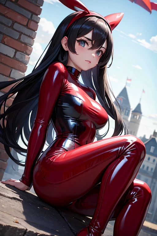 One girl, solo, High resolution, Red tight-fitting hero suit、Black thigh-high boots、Black Gloves、Black berry long hair、Yellow headband、