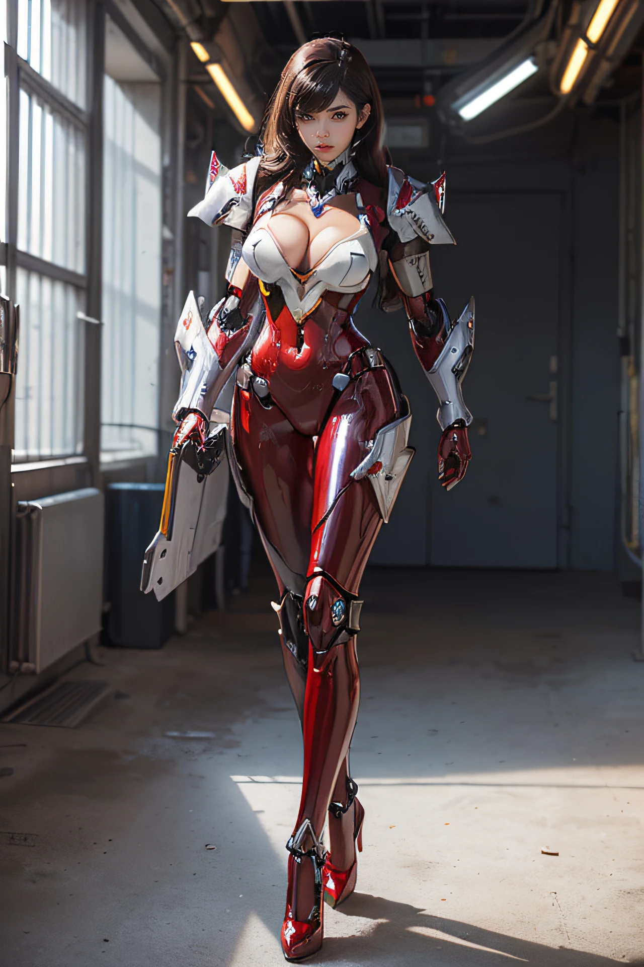 super texture, unreal engine render, Physically-based rendering, The ultra -The high-definition, 16 K, 1080p, (1girl in, Alone, Solo), (Super Detailed Face), (slender), narrow waist, (Large breasts:1.5), (cleavage top:1.3), (Muscular abs:1.2), (Wearing red shiny mecha Overwatch armor, Black Mecha Skin Tight Suit Pants, Mecha Guard Armor Leg, high-heels:1.5) , (Glowing skin:0.8), (cowboy shot:1.1), (Looking at Viewer:1.3), (female focus:0.886), (walking down hallway of futuristic space station:1), (Bright Light White Room:1.3),