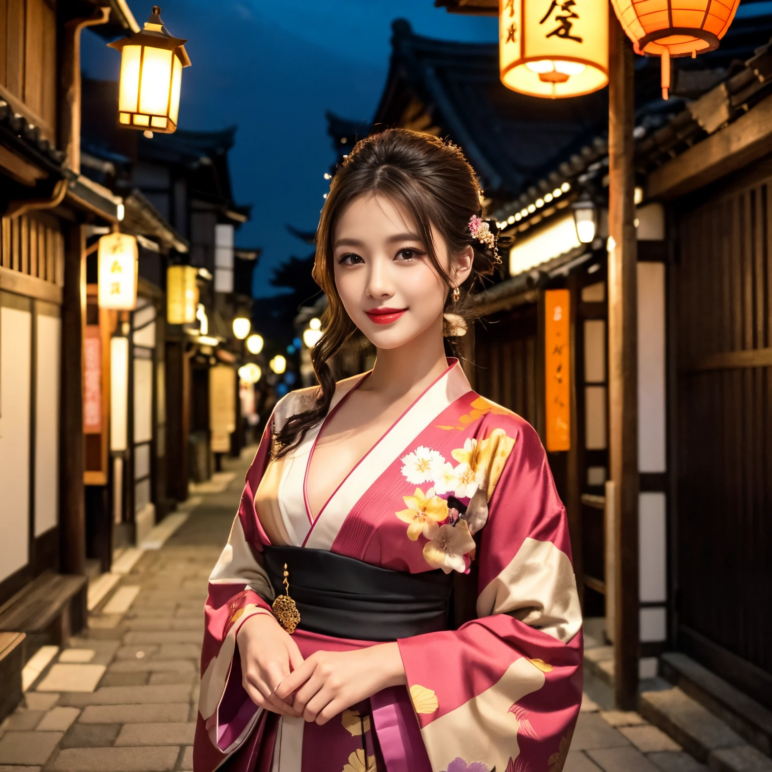 ((top-quality、masutepiece、8K、Top image quality、Very intricate and detailed details))、1 beauty、her detailed face、Gorgeous long-sleeved kimono of courtesan、A gorgeous courtesan、very gorgeous long-sleeved kimono、elegantly curled hair、beautiful hairpin、Smile at the camera、Photo from the waist up、The background is the cityscape of Kyoto、(Beautiful sunset、Shining sunset、Fantastic sunset、Kyoto town illuminated by the setting sun、intense sunset、Spectacular sunset、spectacular movie lighting、Big sunset)、Reproducing the perfect Kyoto town、Japanese traditional beautiful scenery、Walking along Yasaka Dori in Kyoto、Yasaka Street with depth、old kyoto cityscape、group of buildings with tiled roofs、A five-storied pagoda can be seen in the background、Five-storied pagoda in the back、Composition with depth、Graceful standing、Elegant and noble、1 photo、perfect anatomia、Perfect fingers、Lantern light、red lipsticks、long eyelashes、Perfect makeup