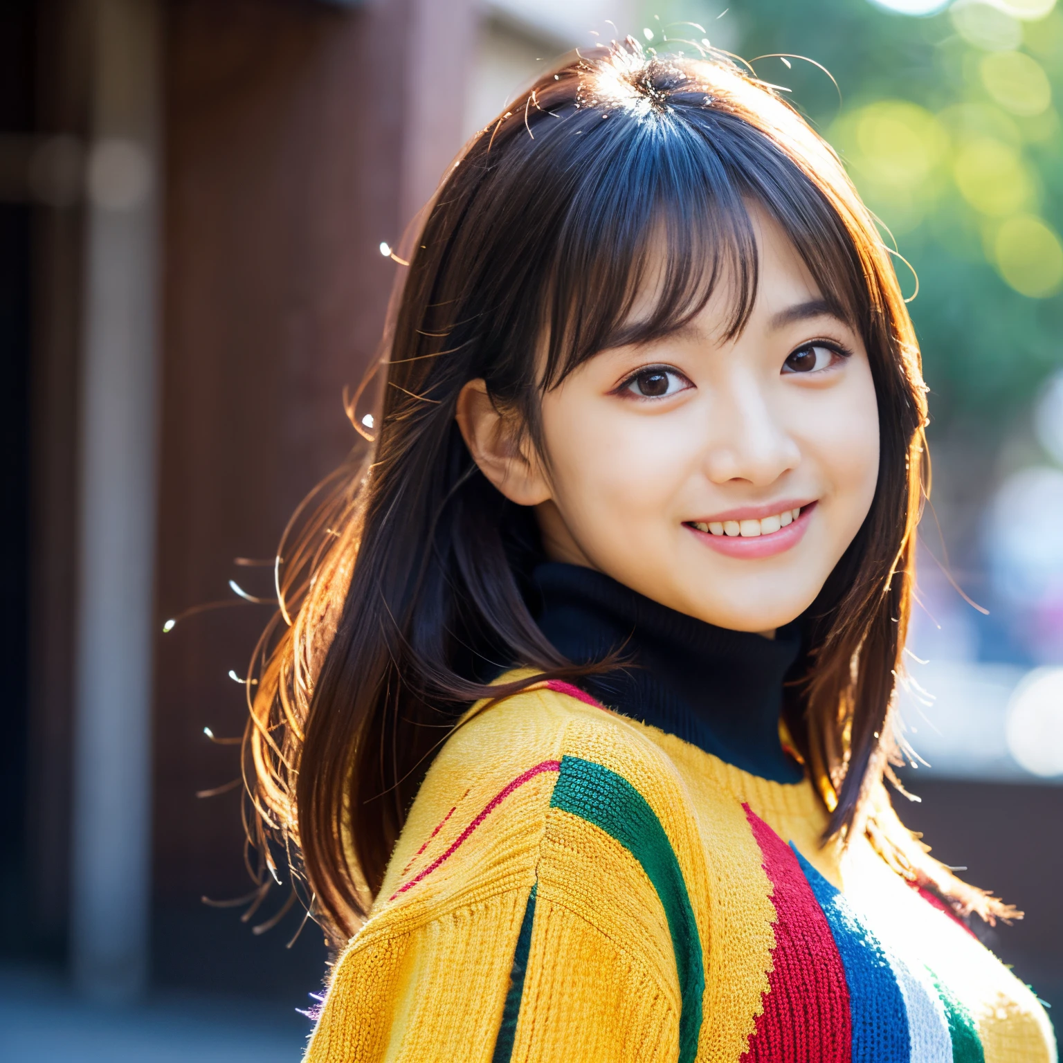 Best-quality, Masterpiece, Ultra-High-Resolution, (Photorealistic:1.4), Raw-Photo, Extremely-Details, Perfect-Anatomy, 1girl, the most famous Japanese actress, portrait, looking at viewer, beautiful smile, wearing only very tight and long-sleeve colorful knit-dress with cute design, detailed extremely beautiful face like a most popular Japanese actress, detailed extremely beautiful big black solid circle eyes, detailed extremely beautiful hair, detailed extremely beautiful realistic skins, detailed very tight and long-sleeve colorful knit-dress with cute design