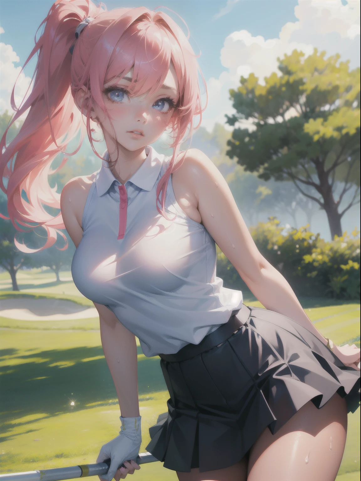 Best Quality, masutepiece, High resolution, (Anime Heroine Illustration), Anime Paint, 1beautiful girl ,Dynamic Angle,Women's golf athlete ,fluttering skirt,small head,Large breasts,nice legs, Glowing skin, Sweat,At the golf venue ,(Detailed beautiful face:1.4),detailed skins,Detailed eyes,detailed hairs,Detailed beautiful legs,