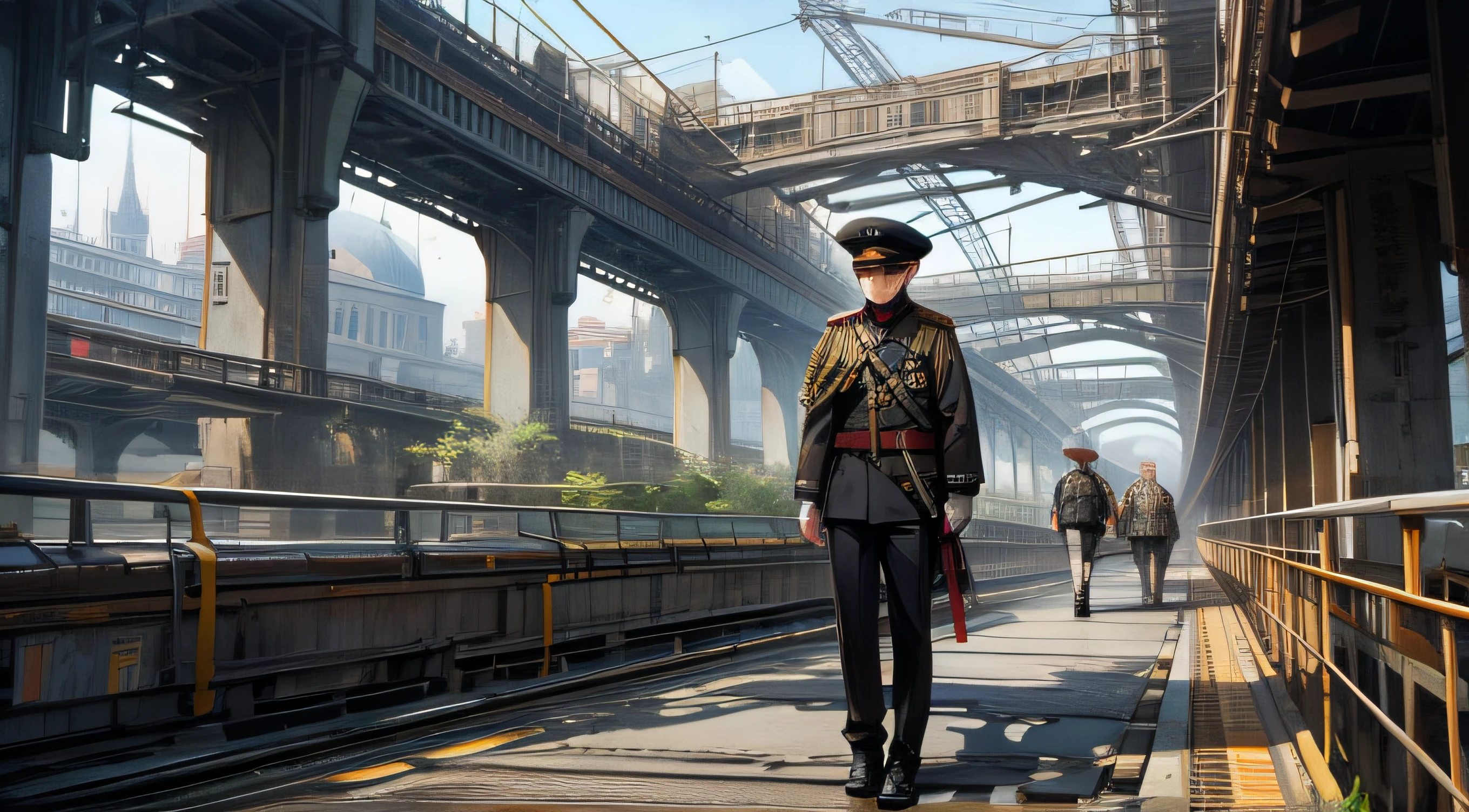 7 people wearing military uniforms, stood on the bridge