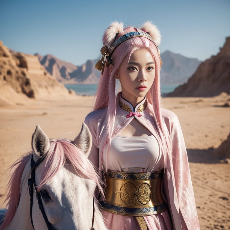 Ancient Chinese wars,Female general,Chinese woman,Wearing armor,Headband helmet bleached pink hair,Charming eyes and good figure,Ancient scenes,heroic look,Sword in hand