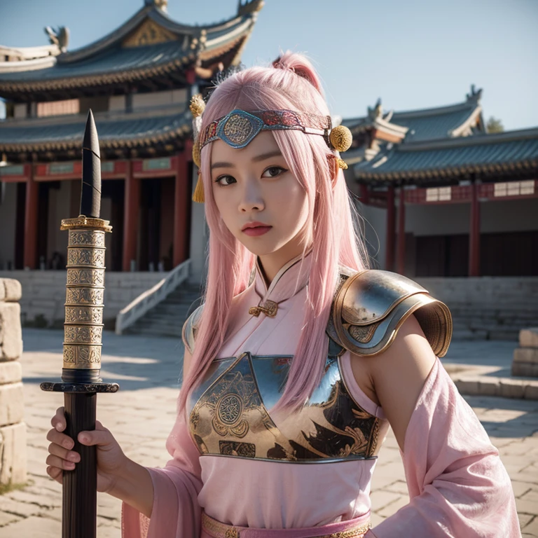 Ancient Chinese wars,Female general,Chinese woman,Wearing armor,Headband helmet bleached pink hair,Charming eyes and good figure,Ancient scenes,heroic look,Sword in hand