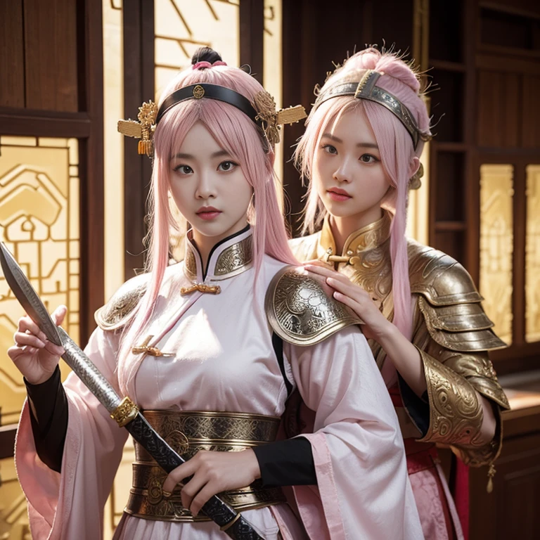 Ancient Chinese wars,Female general,Chinese woman,Wearing armor,Headband helmet bleached pink hair,Charming eyes and good figure,Ancient scenes,heroic look,Sword in hand