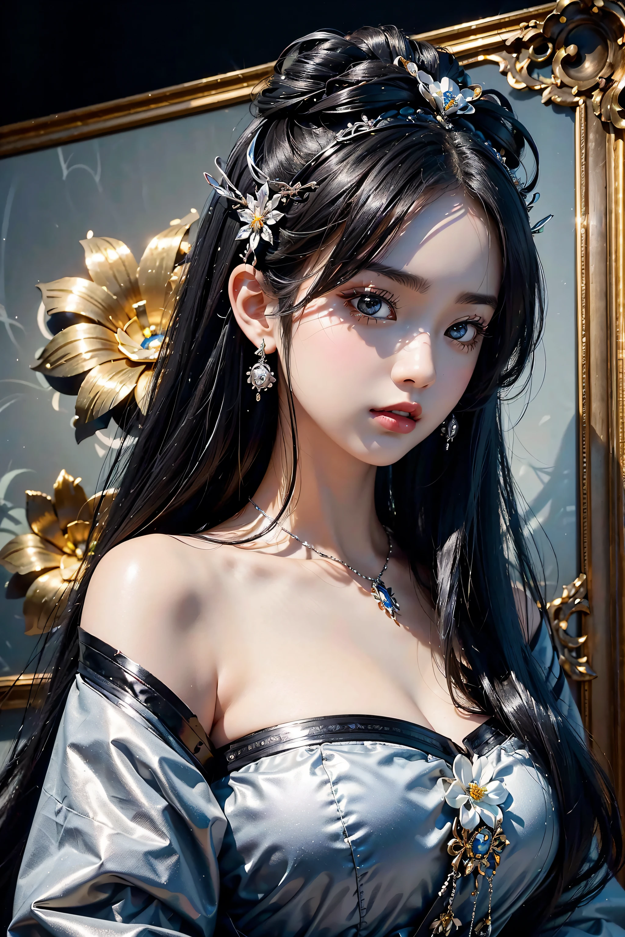 Masterpiece、best composition、Photorealsitic、A hyper-realistic、Metal Flowers、Big hair ornament、Large brooch、A beautiful girl with long black hair wears a large flower-shaped hair ornament made of shiny metal like stainless steel.、Close-up photo of hair ornaments、A large hair ornament with a silver sheen