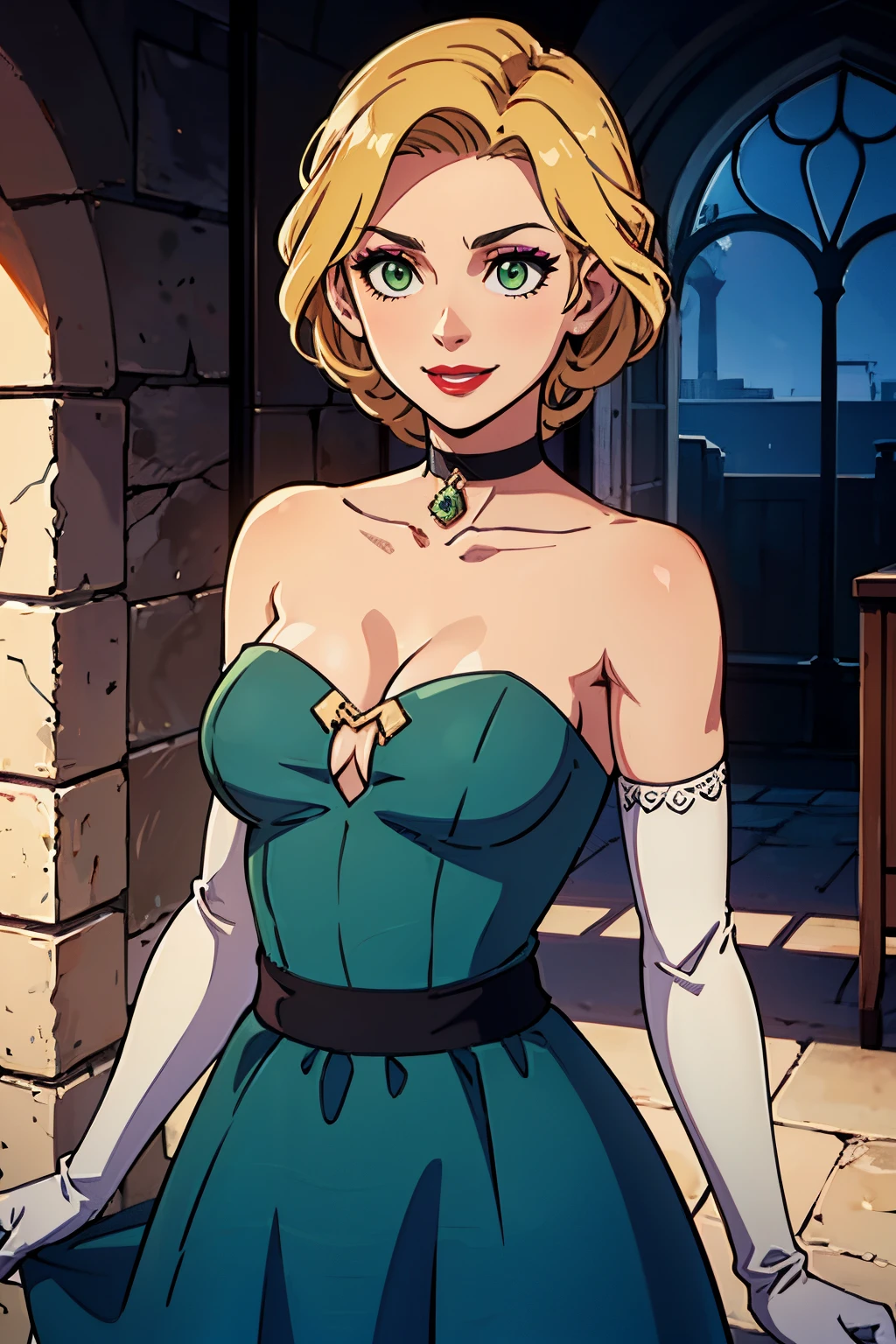 ingrid_timeskip, green eyes, light blue dress, strapless dress, long white elbow gloves, smile, light red lipstick, dark purple eye shadow, makeup, black choker, cowboy shot