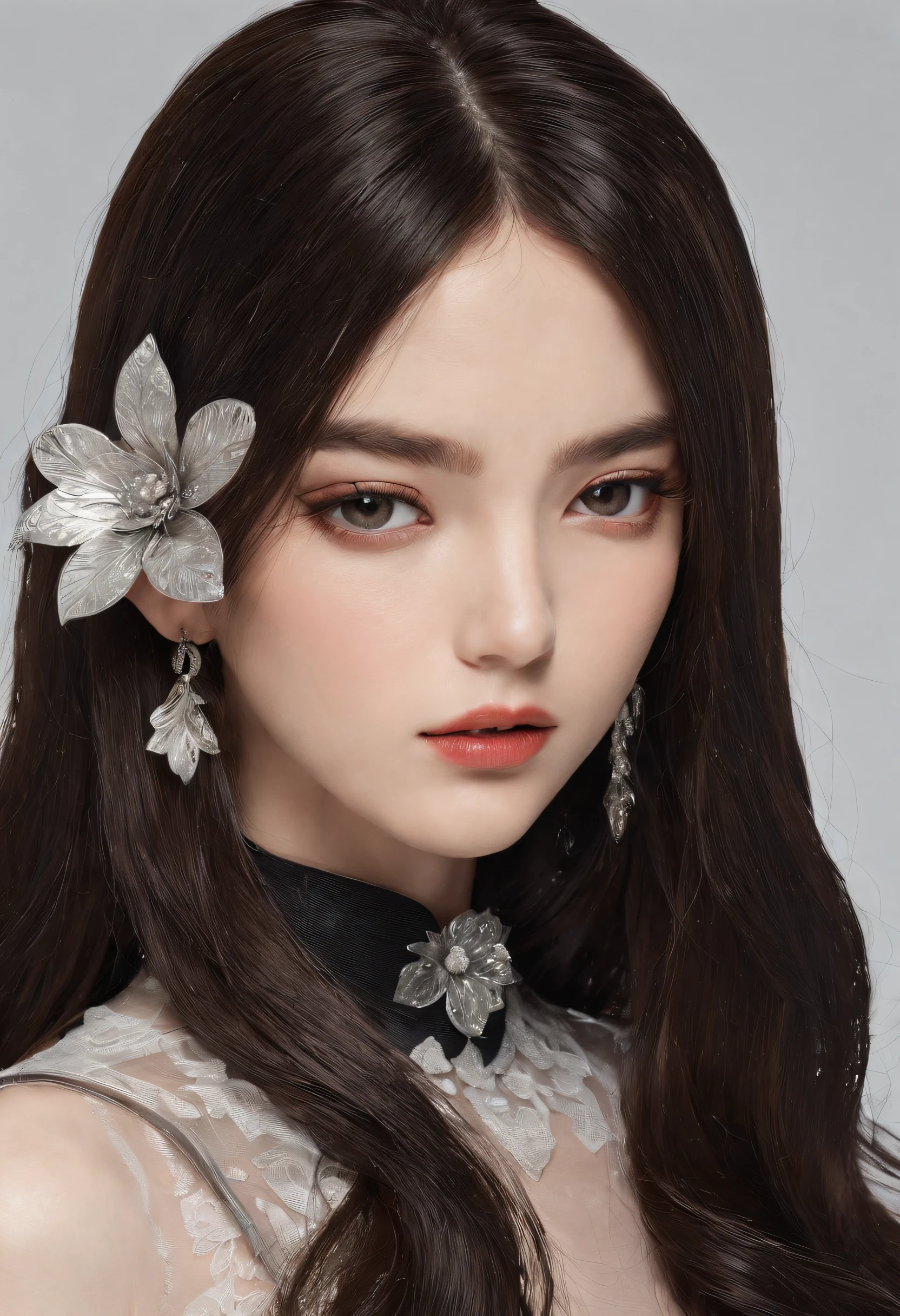 Masterpiece、best composition、Photorealsitic、A hyper-realistic、Metal Flowers、large bronze hair ornament、large bronze brooch、A beautiful girl with long black hair wears a large, shiny flower-shaped hair ornament made of stainless steel.、Close-up photo of hair ornaments、A large hair ornament with a silver sheen