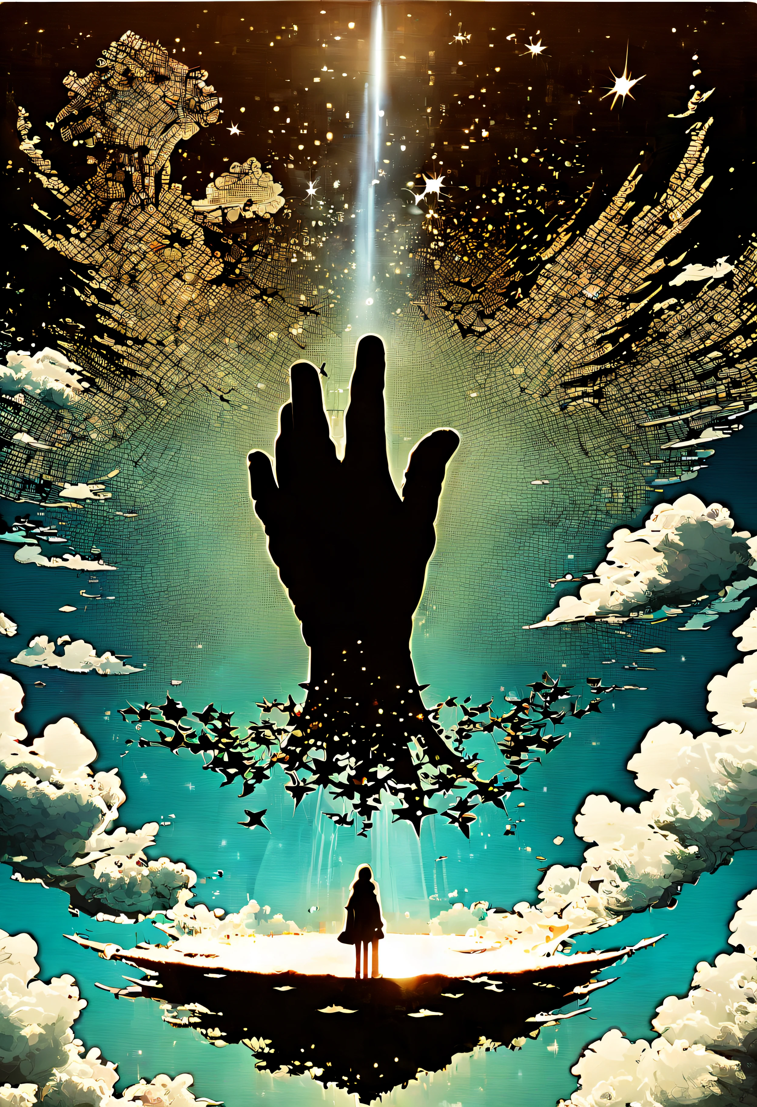 the chaos、thunder clouds、cumulonimbus clouds、Star shine、Aurora、butterflys、florals、spectrum magic、(giant hand floating in the sky:1.8)、ripples in space and time 、 stencil style、Art Posters、masutepiece、top-quality、ultra-definition、