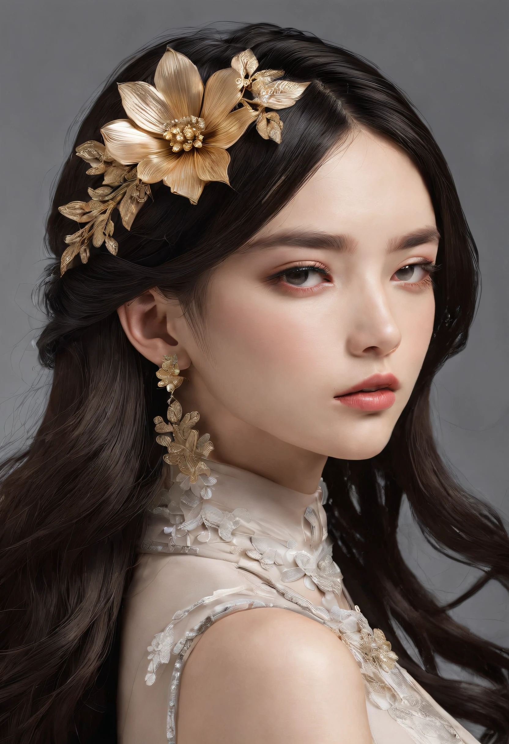 Masterpiece、best composition、Photorealsitic、A hyper-realistic、Metal Flowers、large bronze hair ornament、large bronze brooch、A beautiful girl with long black hair wears a large, shiny flower-shaped hair ornament made of stainless steel.、Close-up photo of hair ornaments、A large hair ornament with a silver sheen