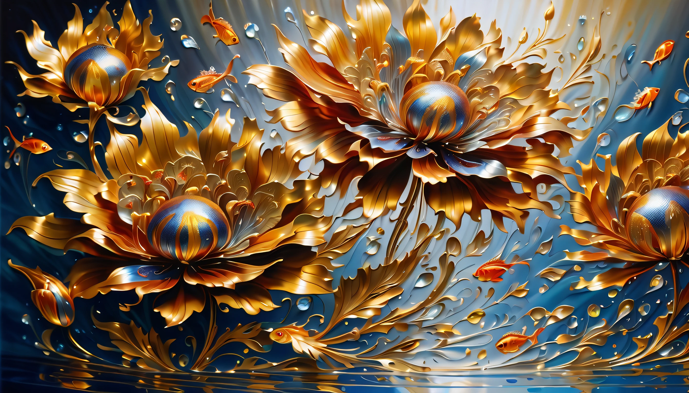 stunning oil painting of a mythical vibrant ornamentation flowers, steel coating silver and gold metallic_flower, in large aquarium, breathtaking contrast of light and shadow, glisten under a complex glow, mesmerizing glow that highlights the beauty of the metallic flowers, while snowflakes fall gently from above, graceful fish swim through the water. visually stunning detailed oil painting, beautiful, photo_real paint, delicate metal flowers shining in the dappled sunlight, as metallic flowers glimmers in the sun, each petal intricately detailed and rendered with a masterful gouache technique, its beauty and strength captured in every brushstroke, (((intricate detail:1.4))), (((extremely insane detail:1.4))), (((highly quality:1.3))), ultimate level art, (((highly quality:1.3))), (((radiosity rendered in stunning 32k resolution beauty:1.3))),