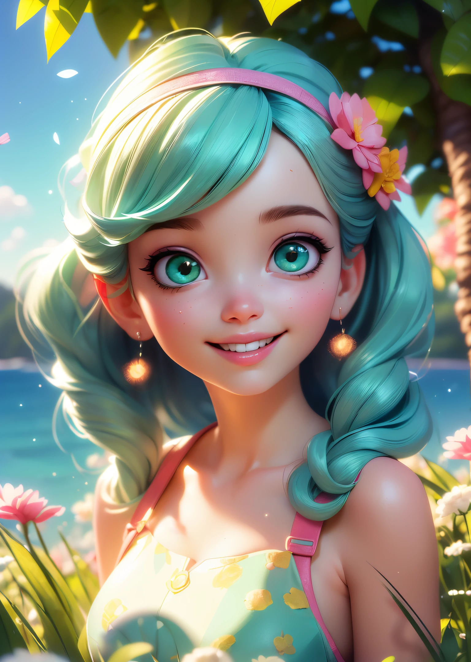 (best quality, 4k, 8k, highres, masterpiece:1.2), ultra-detailed, (realistic, photorealistic, photo-realistic:1.37), playful, cartoon, girl, cute smile, outdoor, 3d rendering, beautiful detailed eyes, beautiful detailed lips, extremely detailed eyes and face, longeyelashes, colourful, soft lighting, summer scenery, green grass, lively atmosphere