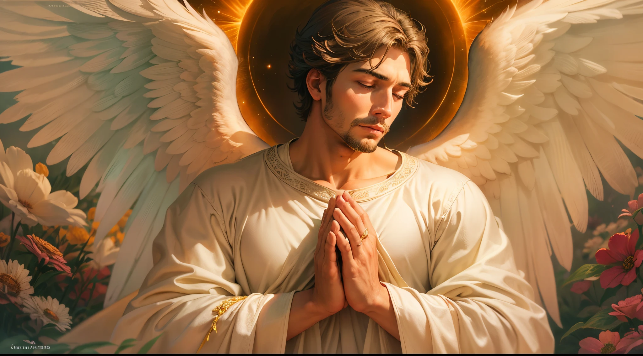 Closeup of an image of a man angel praying and blessing, arcanjo homem com asas grandes, o anjo da fortuna, perfeito, Reslistic, Biblical setting, celestial scenery, sol e nuvens ultras realistas, flores e velas, illuminated archangel of heaven, Passes em segundo plano, flores coloridas, velas acesas, roupas brancas e vermelhas