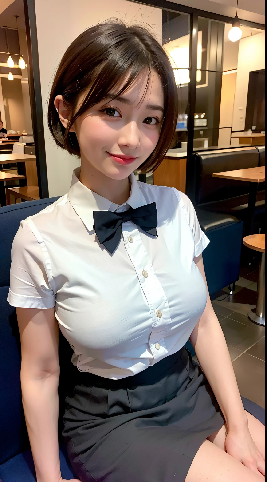 (8K, Raw photo, Best Quality, masutepiece:1.2), (Realistic, Photorealsitic:1.37), Ultra-detailed, 1 girl,Cute, Solo,Beautiful detailed sky,Detailed Cafe,Night,Sitting,Dating,(nose blush),(lightsmile:1.1), medium breasts,Beautiful detailed eyes,(Collared shirt:1.1), bowtie,Pleated skirt,(Short hair:1.2),Floating hair