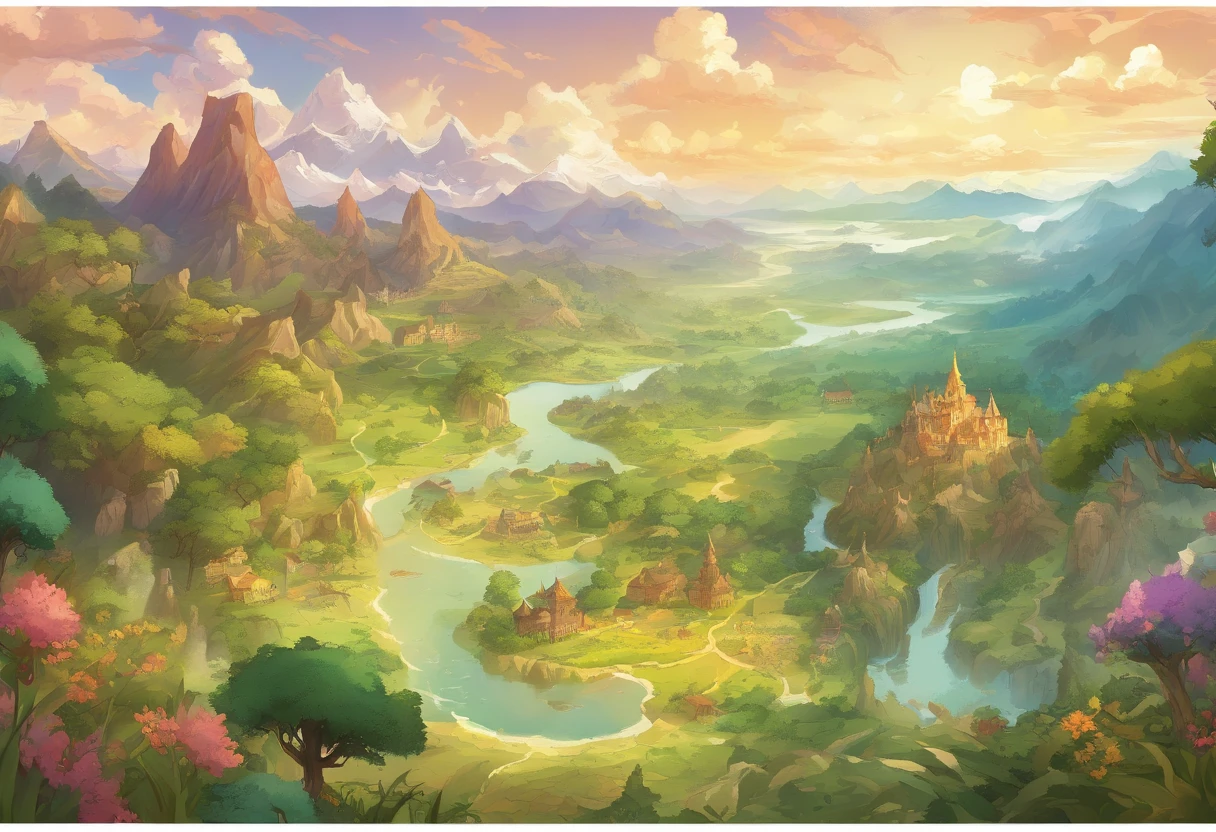 (best quality,4k,8k,highres,masterpiece:1.2),ultra-detailed,realistic,beautifully illustrated fantasy world map,with 4 continents seamlessly interconnected,vibrant colors and intricate details,ancient ruins and mystical landmarks scattered throughout,the map depicts a diverse range of geographical features such as towering mountains,expansive forests,glistening rivers,and vast deserts, each continent showcases its unique culture and civilization,from the bustling cities of the technologically advanced continent to the serene villages of the magical realm,an enchanting atmosphere fills the map,with whimsical creatures inhabiting every corner, from majestic dragons soaring in the skies to mischievous fairies hidden in the lush vegetation,the map is bathed in warm golden light,illuminating the breathtaking landscape with a sense of wonder and adventure.