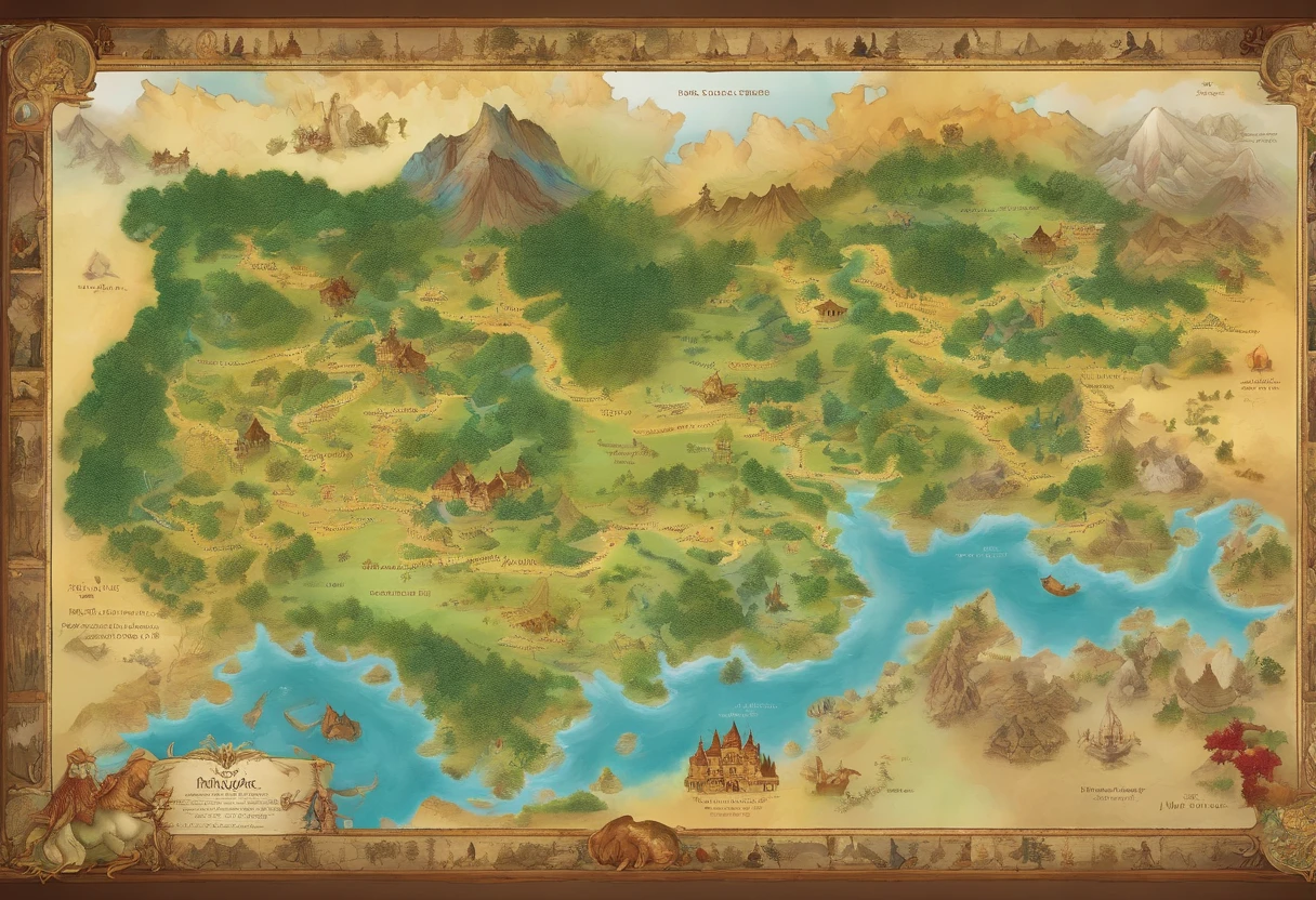 (best quality,4k,8k,highres,masterpiece:1.2),ultra-detailed,realistic,beautifully illustrated fantasy world map,with 4 continents seamlessly interconnected,vibrant colors and intricate details,ancient ruins and mystical landmarks scattered throughout,the map depicts a diverse range of geographical features such as towering mountains,expansive forests,glistening rivers,and vast deserts, each continent showcases its unique culture and civilization,from the bustling cities of the technologically advanced continent to the serene villages of the magical realm,an enchanting atmosphere fills the map,with whimsical creatures inhabiting every corner, from majestic dragons soaring in the skies to mischievous fairies hidden in the lush vegetation,the map is bathed in warm golden light,illuminating the breathtaking landscape with a sense of wonder and adventure.