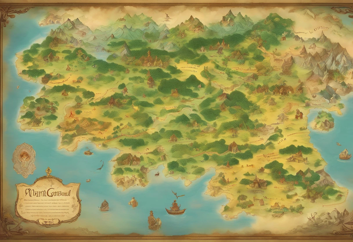 (best quality,4k,8k,highres,masterpiece:1.2),ultra-detailed,realistic,beautifully illustrated fantasy world map,with 4 continents seamlessly interconnected,vibrant colors and intricate details,ancient ruins and mystical landmarks scattered throughout,the map depicts a diverse range of geographical features such as towering mountains,expansive forests,glistening rivers,and vast deserts, each continent showcases its unique culture and civilization,from the bustling cities of the technologically advanced continent to the serene villages of the magical realm,an enchanting atmosphere fills the map,with whimsical creatures inhabiting every corner, from majestic dragons soaring in the skies to mischievous fairies hidden in the lush vegetation,the map is bathed in warm golden light,illuminating the breathtaking landscape with a sense of wonder and adventure.