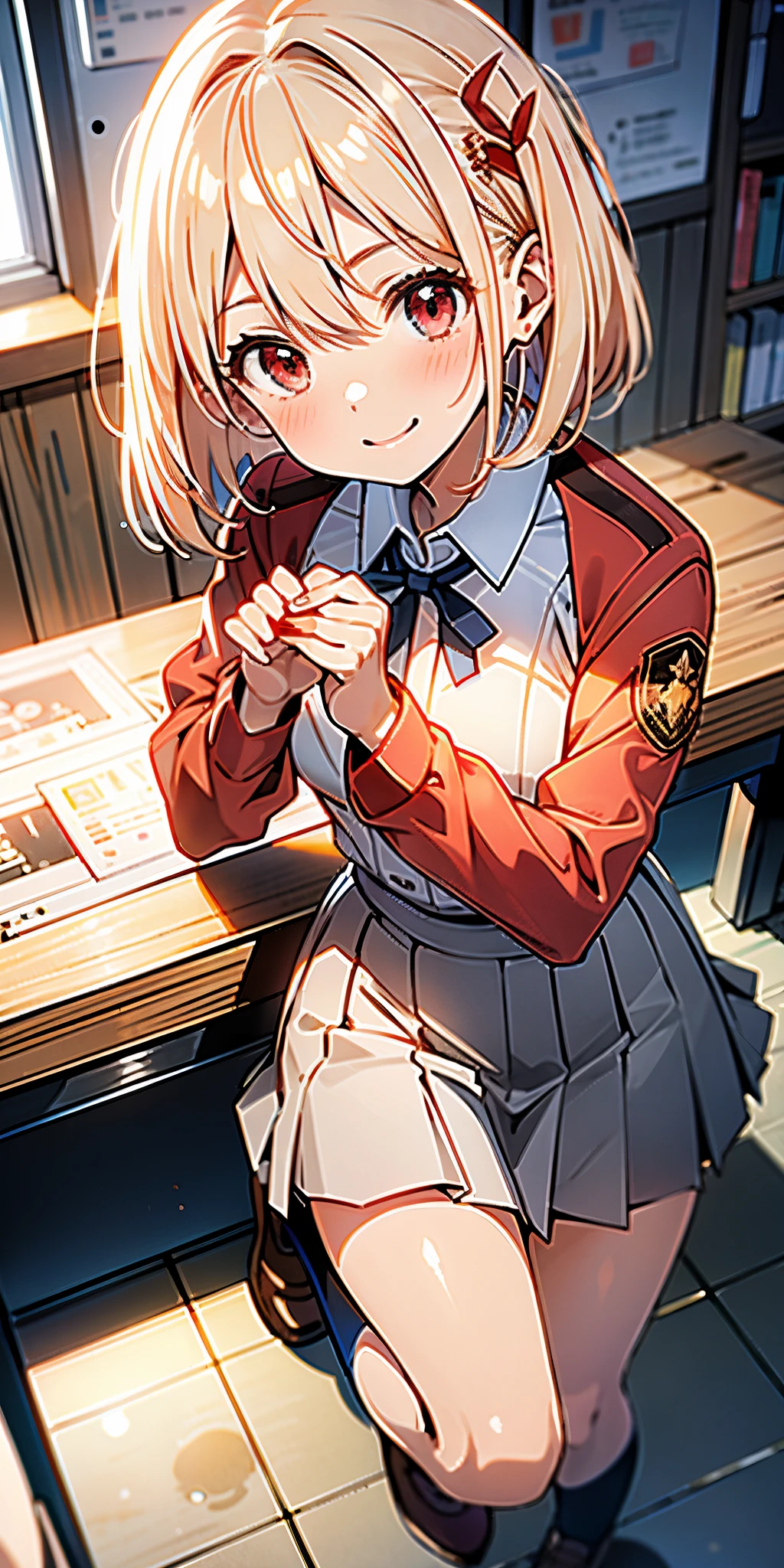 女の子 1 人、red school uniform、From  above、kosmos、Planktonic、platinum-blonde,Medium Hair,red eyes、A smile、Laugh