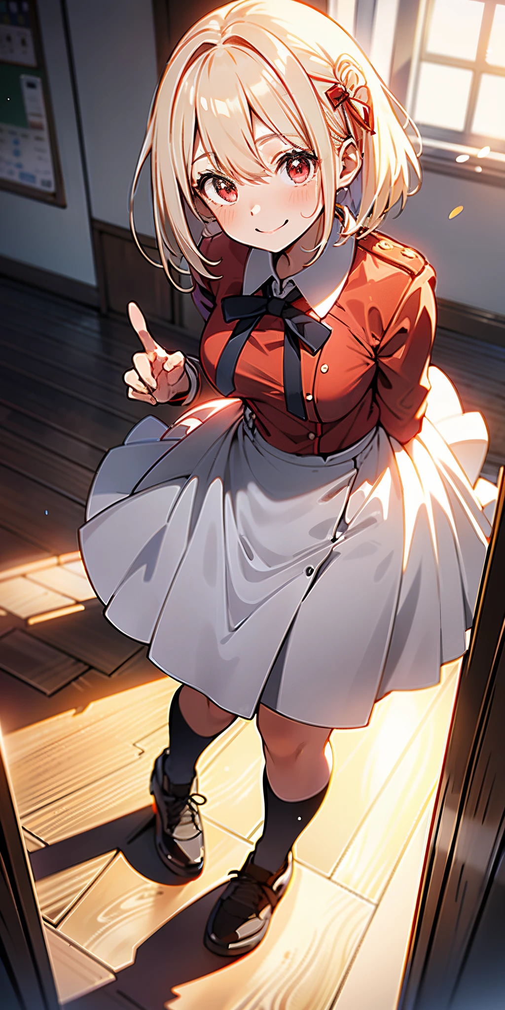 Masterpiece、最high quality、high quality、High definition、High resolution、High detail、Lens flare、Ray Tracing、high qualityのテクスチャー、high qualityの影、Beautiful details、Detailed explanation、Detailed texture、Realistic facial expression、Realistic and colorful、Slender、Cinematic Light、Side light、Sharp Focus、(1 Girl:1.3)、(Intricate detailakeup、Pure Eros Face_v1:0.5)、(Details Beautiful delicate face、Detailed beautiful delicate eyes、Perfect Facial Proportions、Detailed skin、Charm)、A frustrated expression while experiencing orgasm、Fancy Shortcuts、Beautiful bangs、(Two-tone gradient hair color)、slender、(Upturned beautiful breasts)、(Detailed crotch、Open crotch、Showing off your crotch)、Female juice、Experiencing the best orgasm、(Spread your knees and open your legs)、(Raise your arm and make a peace sign)、White front opening shirt、Crop top、Thighini skirt、Flip up、High slit、White V-cut、White Thong、socks、boots、Low-angle composition、lycoris uniform, two-tone dress, red dress, grey dress, neck ribbon, long sleeves、(Take a deep breath、Work on this image step by step)