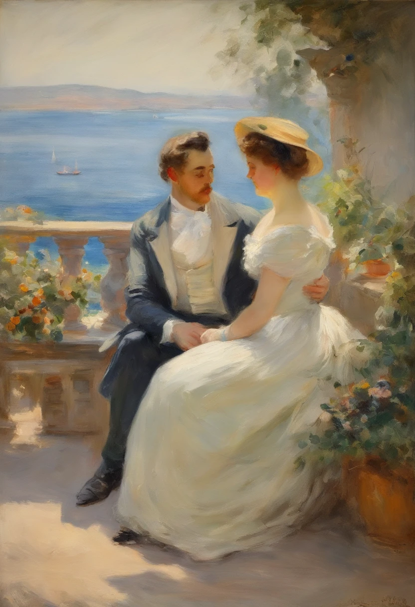 Painting of a couple sitting on a bench looking at each other - SeaArt AI