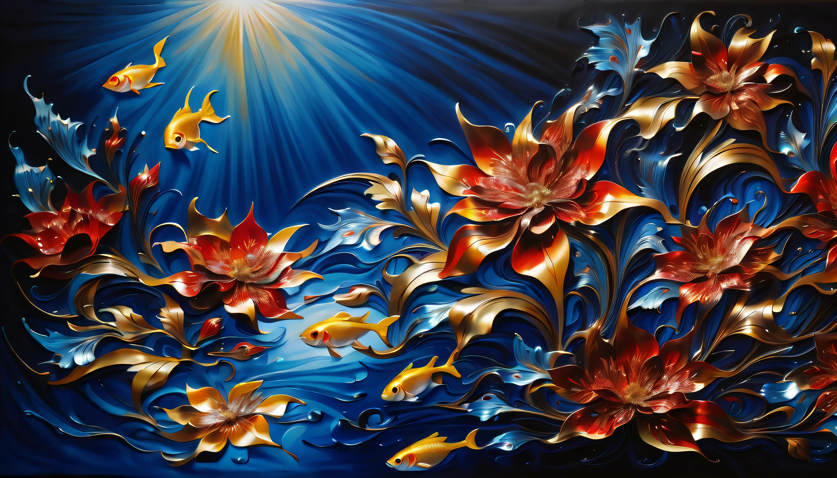 stunning oil painting of a mythical vibrant ornamentation flowers, steel coating silver and gold metallic_flower, in large aquarium, breathtaking contrast of light and shadow, glisten under a complex glow, mesmerizing glow that highlights the beauty of the metallic flowers, while snowflakes fall gently from above, graceful fish swim through the water. visually stunning detailed oil painting, beautiful, photo_real paint, delicate metal flowers shining in the dappled sunlight, as metallic flowers glimmers in the sun, each petal intricately detailed and rendered with a masterful gouache technique, its beauty and strength captured in every brushstroke, (((intricate detail:1.4))), (((extremely insane detail:1.4))), (((highly quality:1.3))), ultimate level art, (((highly quality:1.3))), (((radiosity rendered in stunning 32k resolution beauty:1.3))),