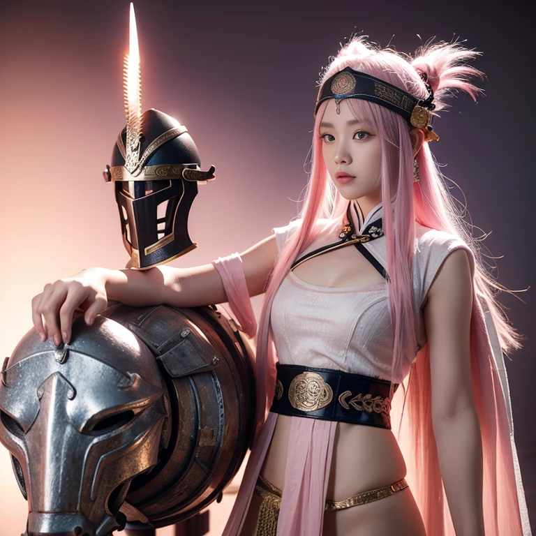 Ancient Chinese wars,Female general,Chinese woman,Wearing armor,Headband helmet bleached pink hair,Charming eyes and good figure,Ancient scenes,heroic look,Sword in hand,Body sexy seduction
