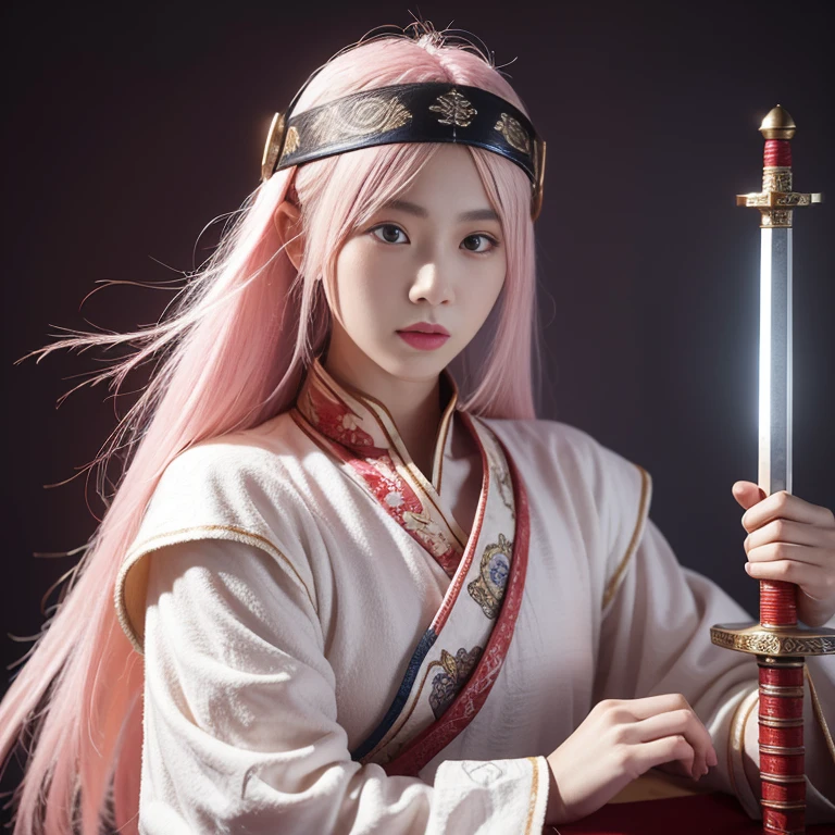Ancient Chinese wars,Female general,Chinese woman,Wearing armor,Headband helmet bleached pink hair,Charming eyes and good figure,Ancient scenes,heroic look,Sword in hand,Body sexy seduction
