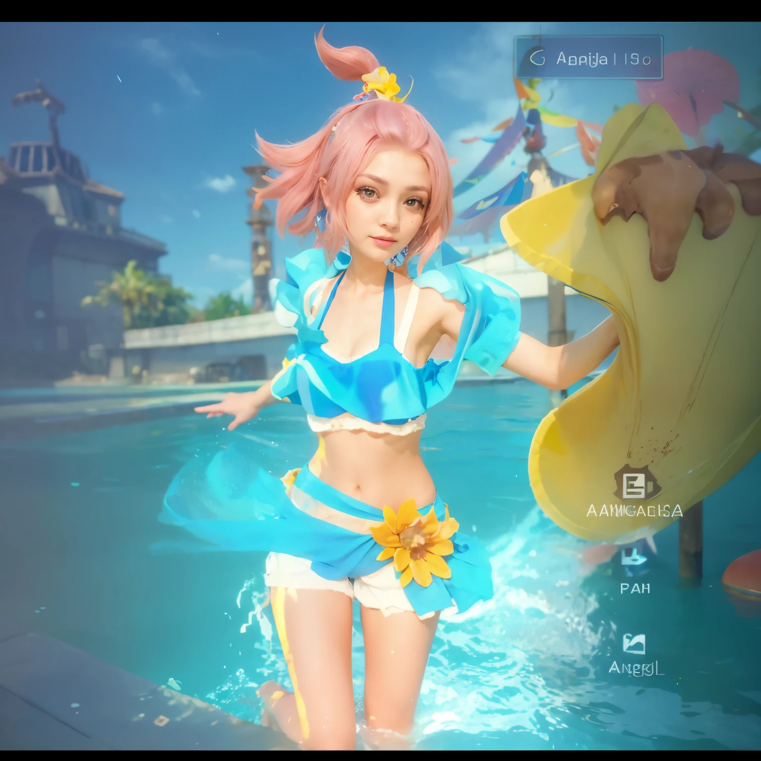 there is a woman in a bikini top and shorts standing in the water, splash aura in motion, perfect android girl family, in-game, in - game, azur lane style, trending at cgstation, game cg, mobile game, unreal ungine 5, from the azur lane videogame, angela game mobile legends, goddess of summer, fashion gameplay screenshot, angela from mobile legends